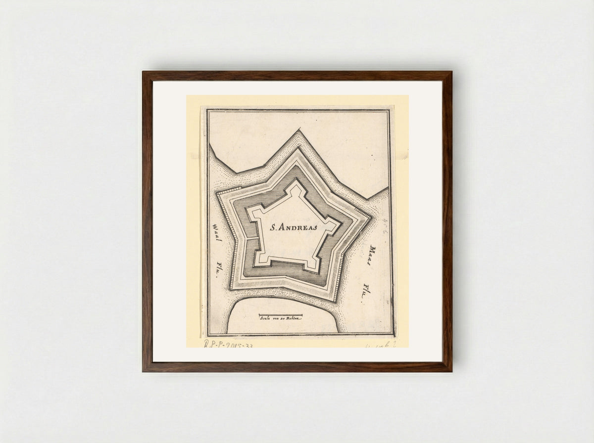 Vestingplattegrond van Sint-Andries - Caspar Merian - Framed Print Dark Wood