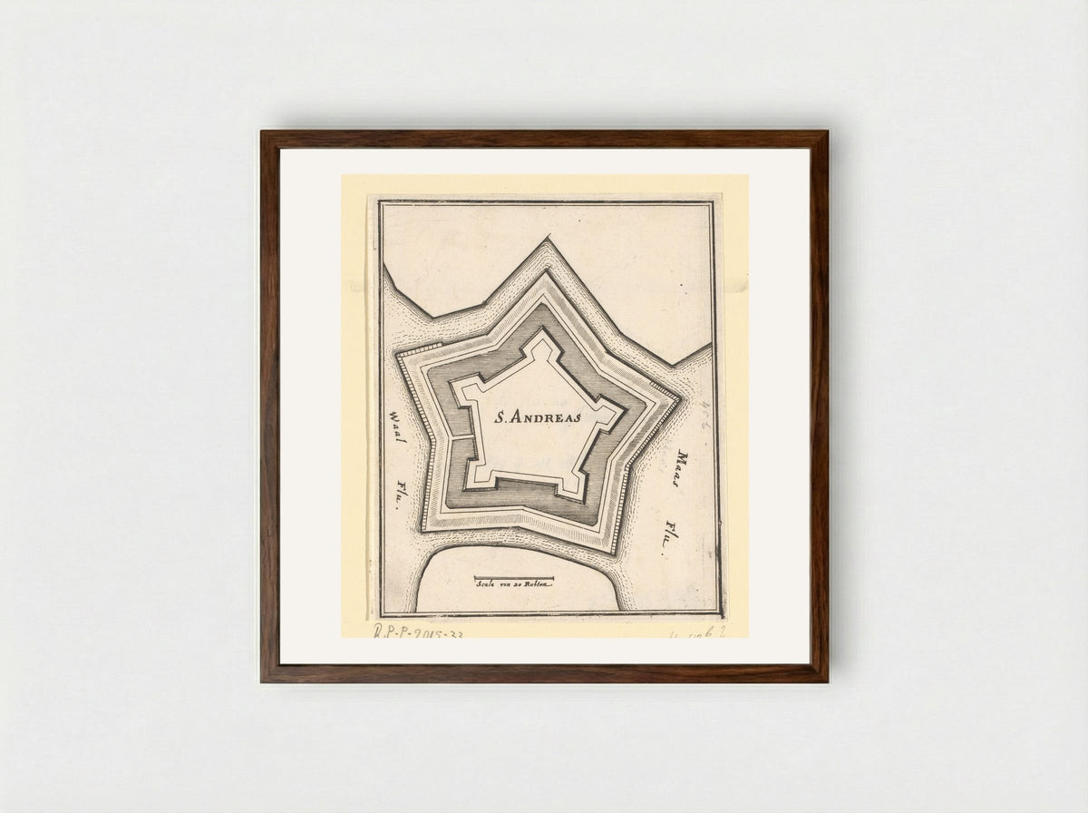 Vestingplattegrond van Sint-Andries - Caspar Merian - Framed Print Dark Wood