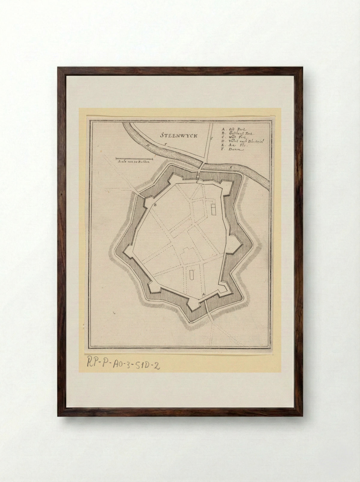 Vestingplattegrond van Steenwijk - Caspar Merian - Framed Print Dark Wood