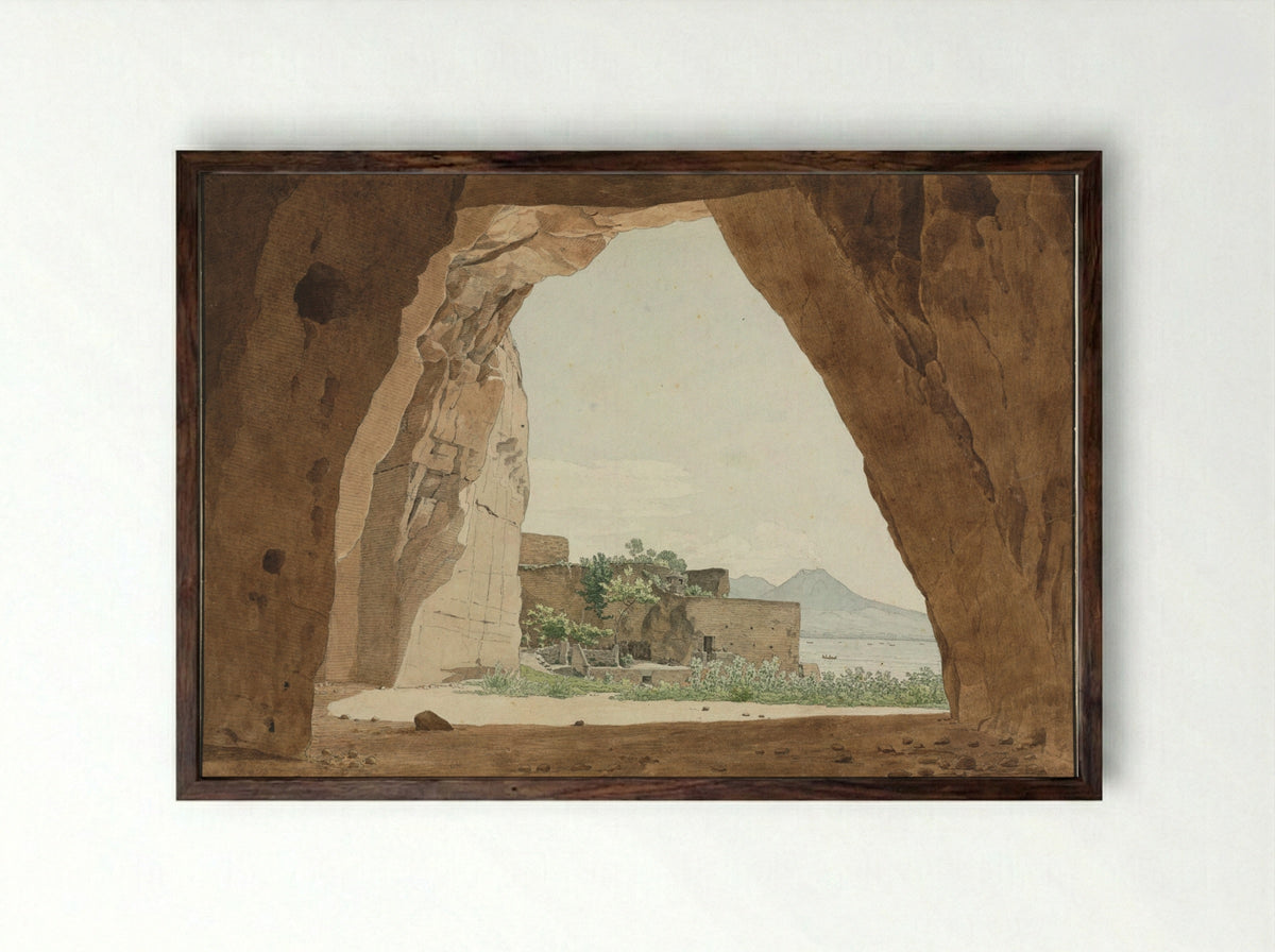 Vesuvius and the Bay of Naples from a Cave - Adolf von Heydeck - Framed Print Dark Wood