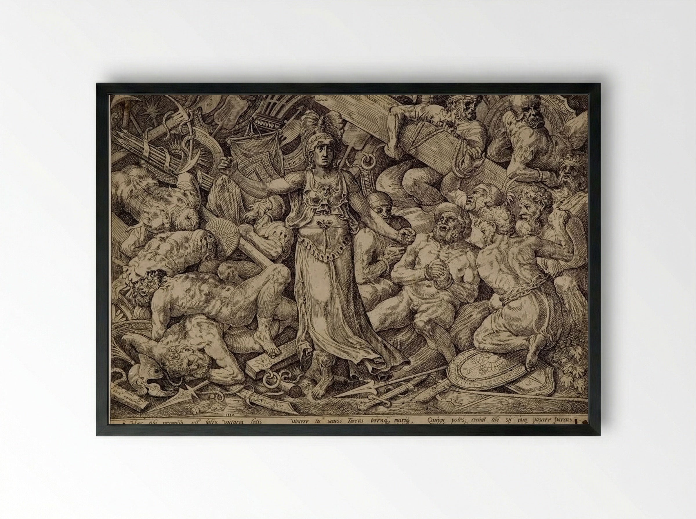 Victory Surrounded by Corpses, Prisoners, and Trophies - Frans Floris - Framed Print Black