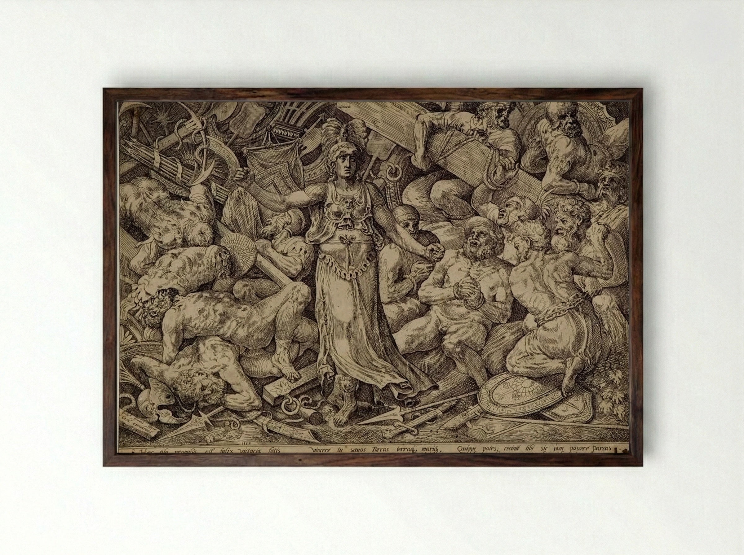 Victory Surrounded by Corpses, Prisoners, and Trophies - Frans Floris - Framed Print Dark Wood