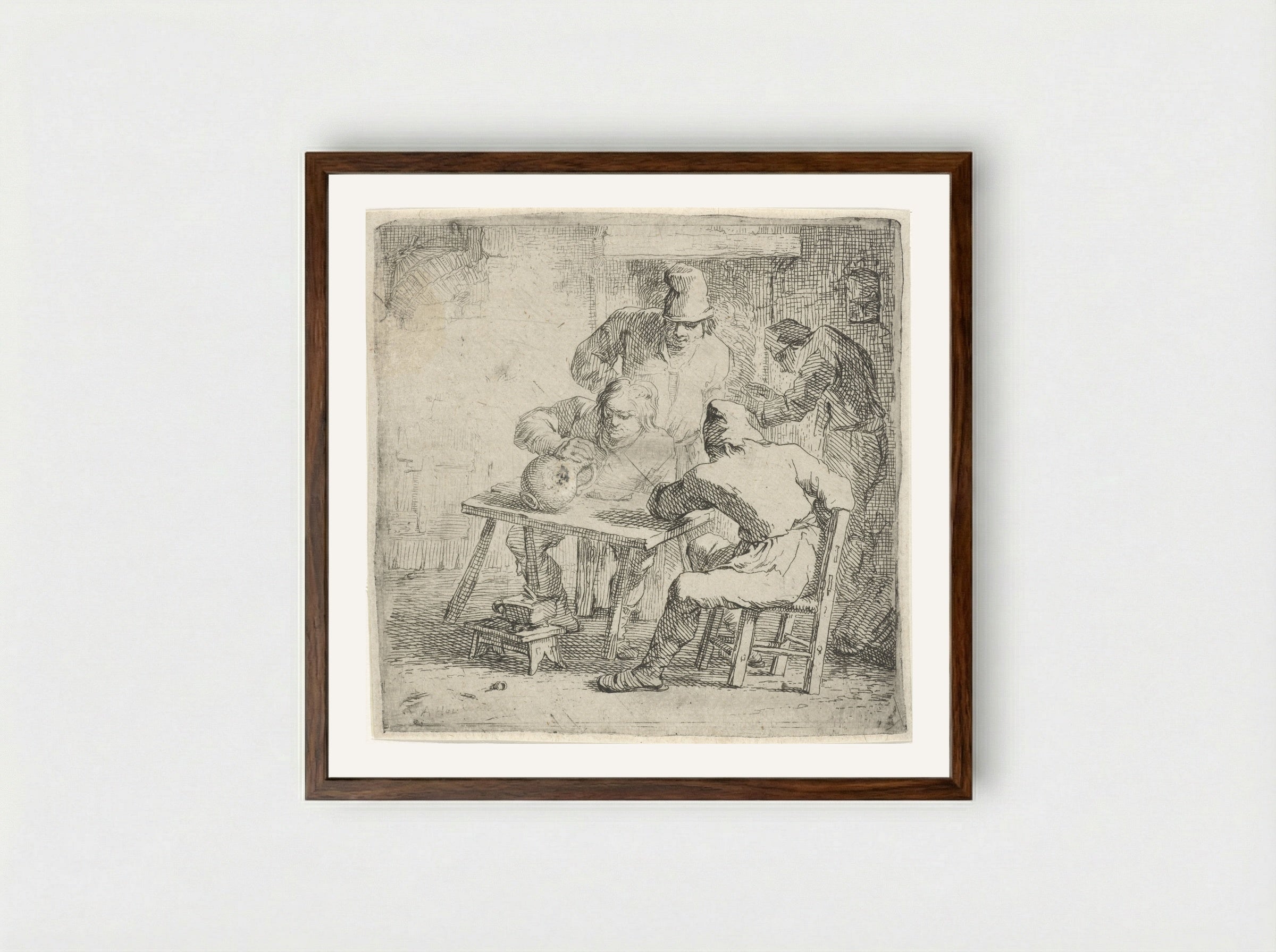 Vier boeren in een interieur - Arnold Houbraken - Framed Print Dark Wood