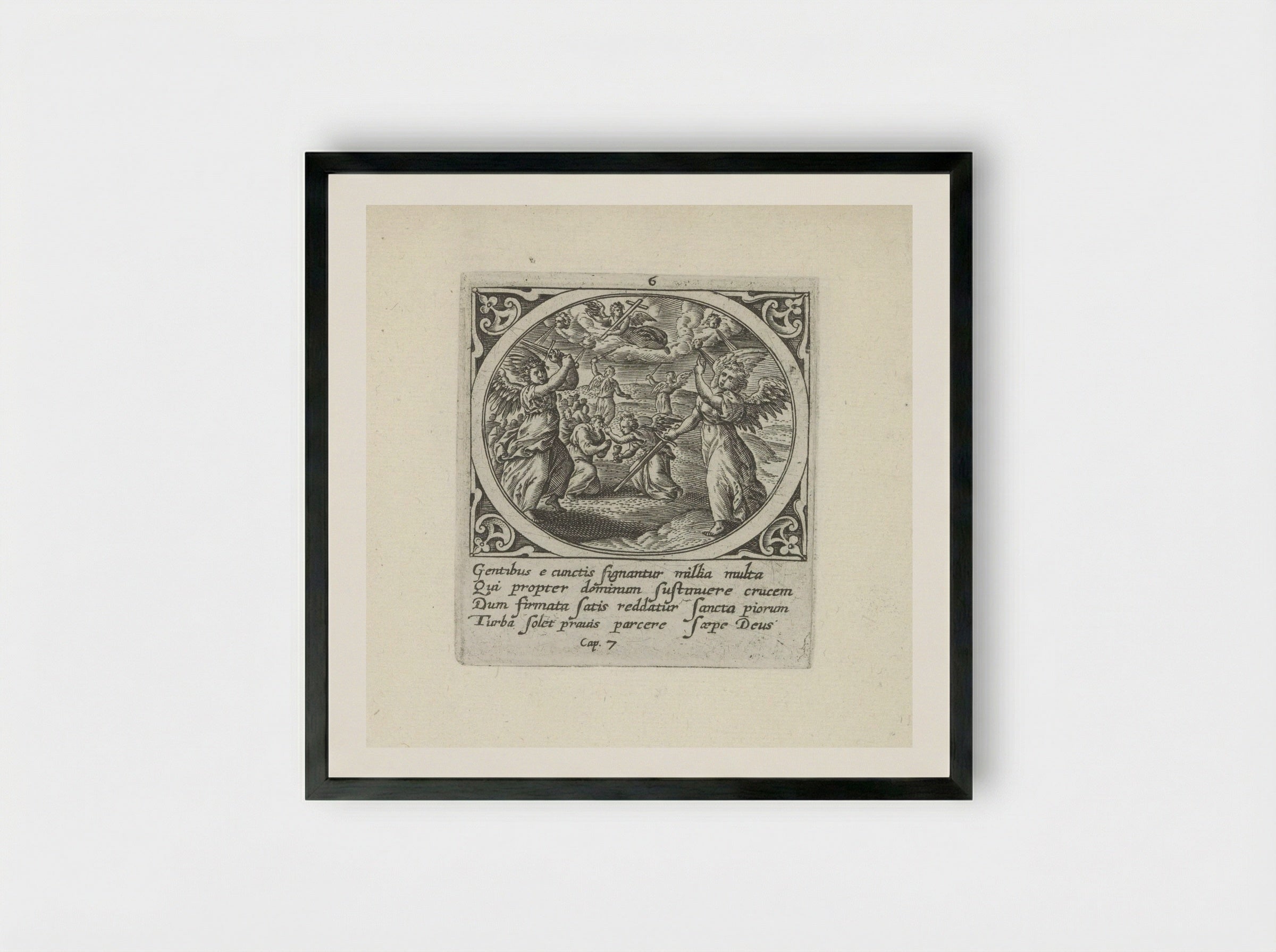 Vier engelen houden de vier winden in bedwang - Gerard de Jode - Framed Print Black