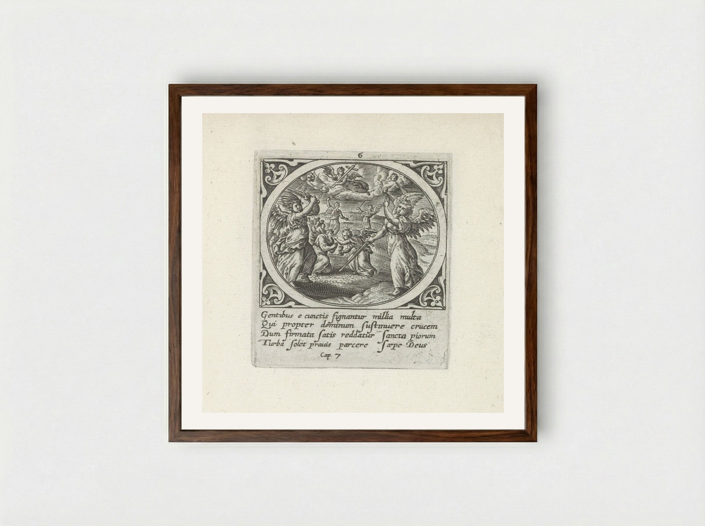 Vier engelen houden de vier winden in bedwang - Gerard de Jode - Framed Print Dark Wood