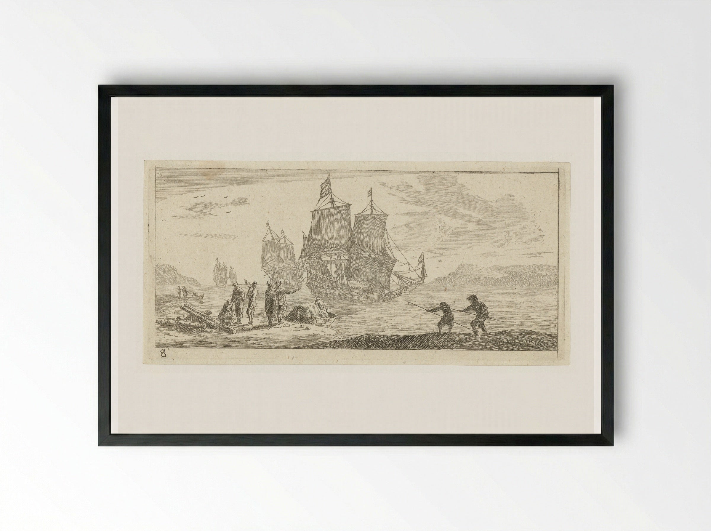 Vier grote zeilschepen in een baai - Reinier Nooms - Framed Print Black