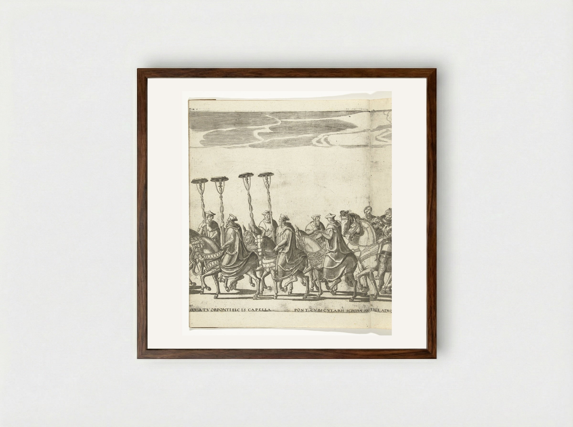 Vier kardinaalshoeden op stokken, plaat 10 - Nicolaas Hogenberg - Framed Print Dark Wood