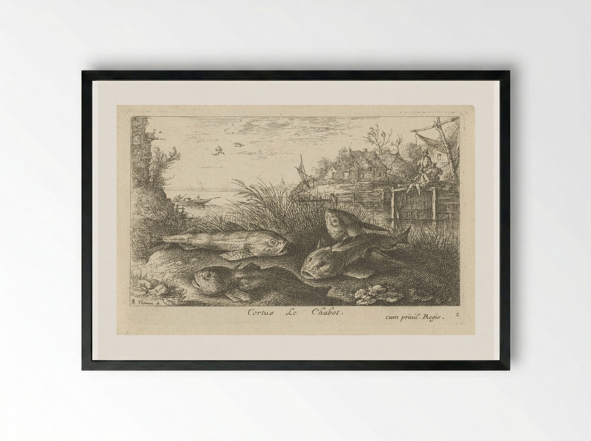 Vier kopvoornen op een rivieroever - Albert Flamen - Framed Print Black