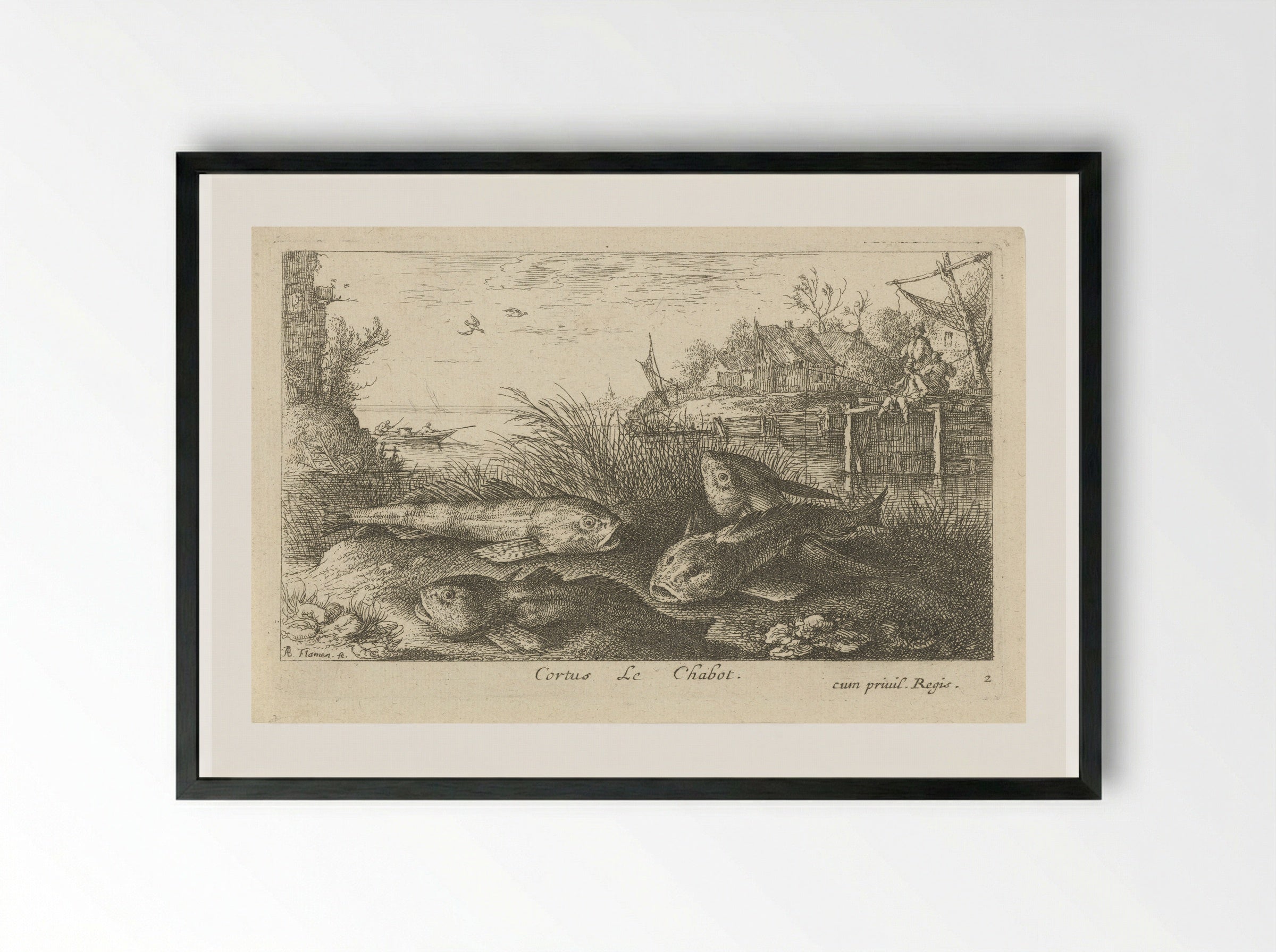 Vier kopvoornen op een rivieroever - Albert Flamen - Framed Print Black