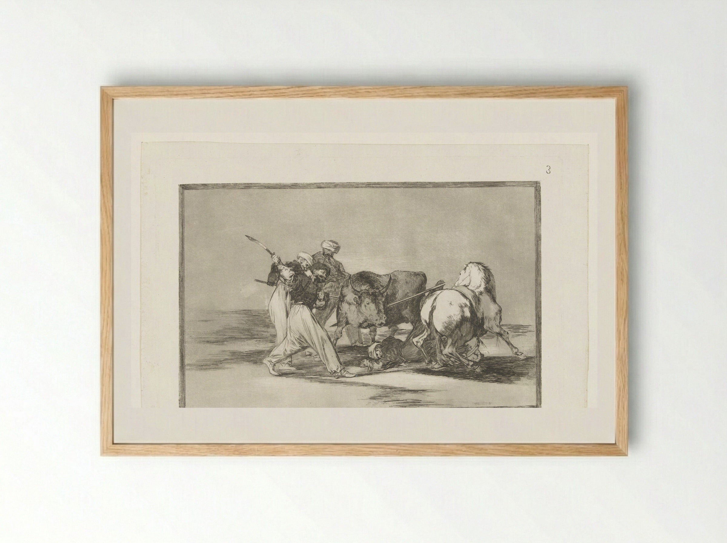 Vier mannen jagen op een stier - Francisco de Goya - Framed Print Wood