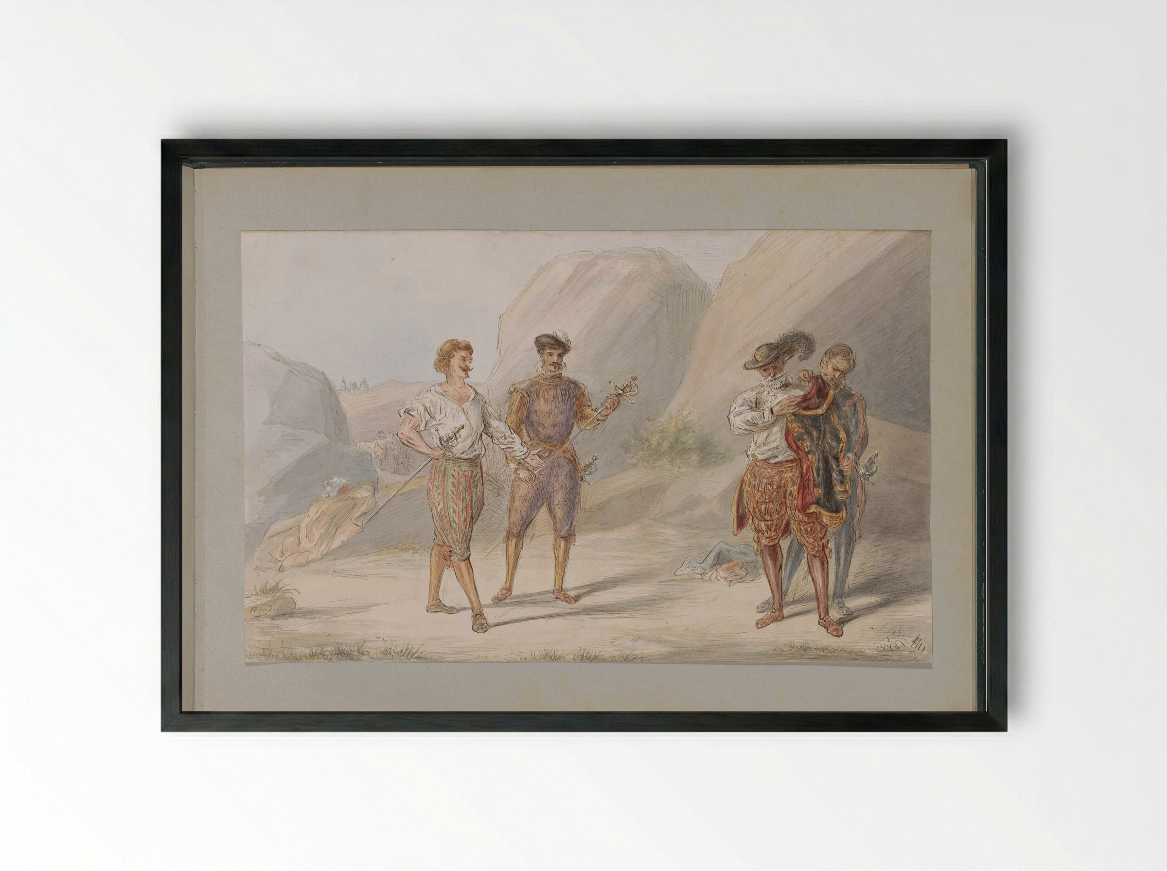 Vier mannen met zwaarden in een rotsachtig landschap - Alexander Ver Huell - Framed Print Black