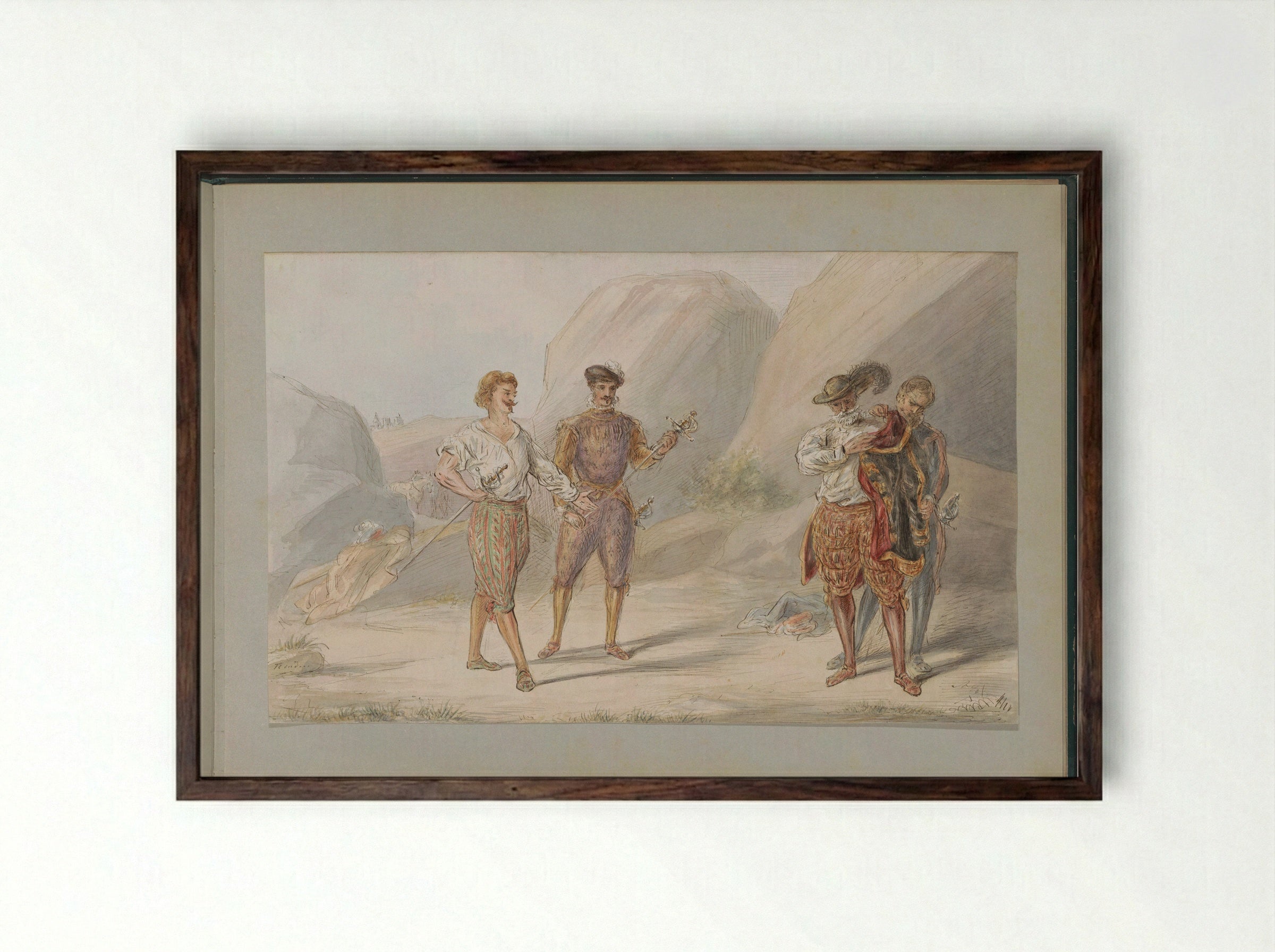 Vier mannen met zwaarden in een rotsachtig landschap - Alexander Ver Huell - Framed Print Dark Wood