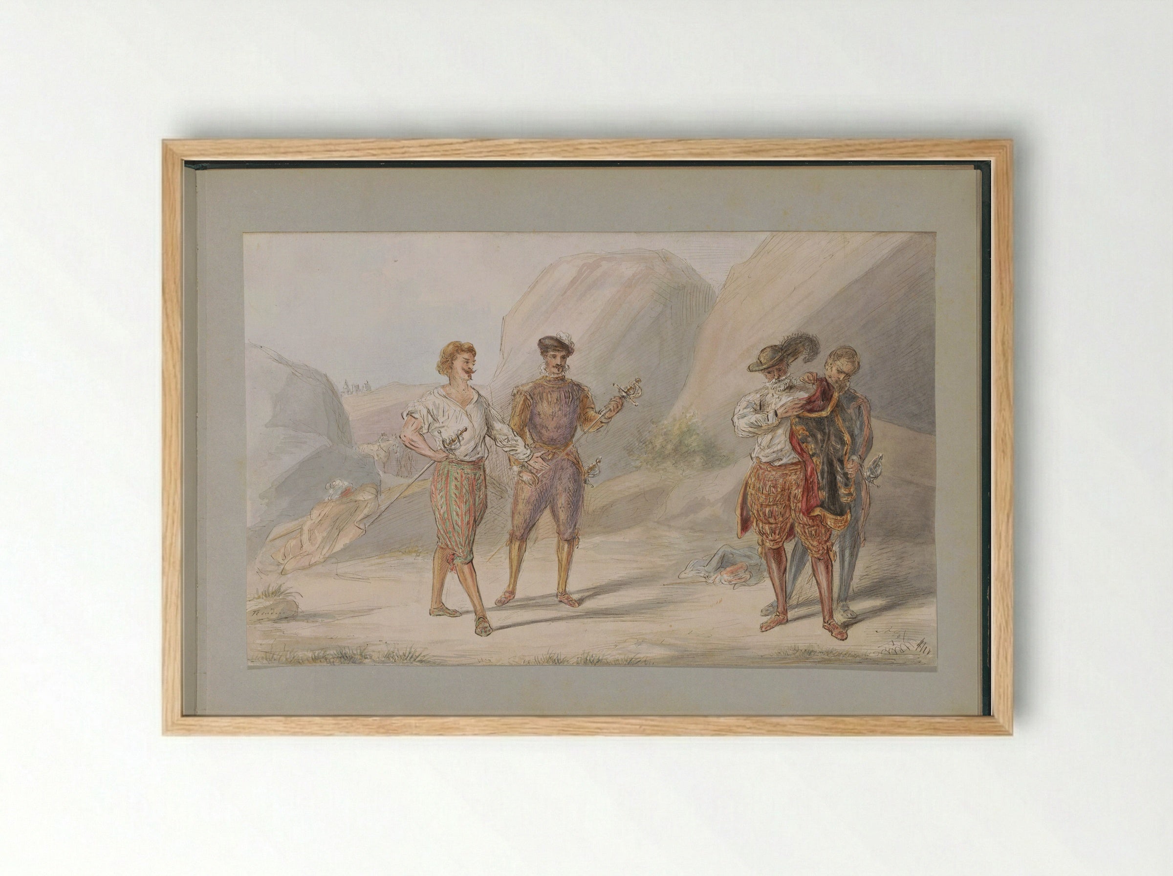 Vier mannen met zwaarden in een rotsachtig landschap - Alexander Ver Huell - Framed Print Wood