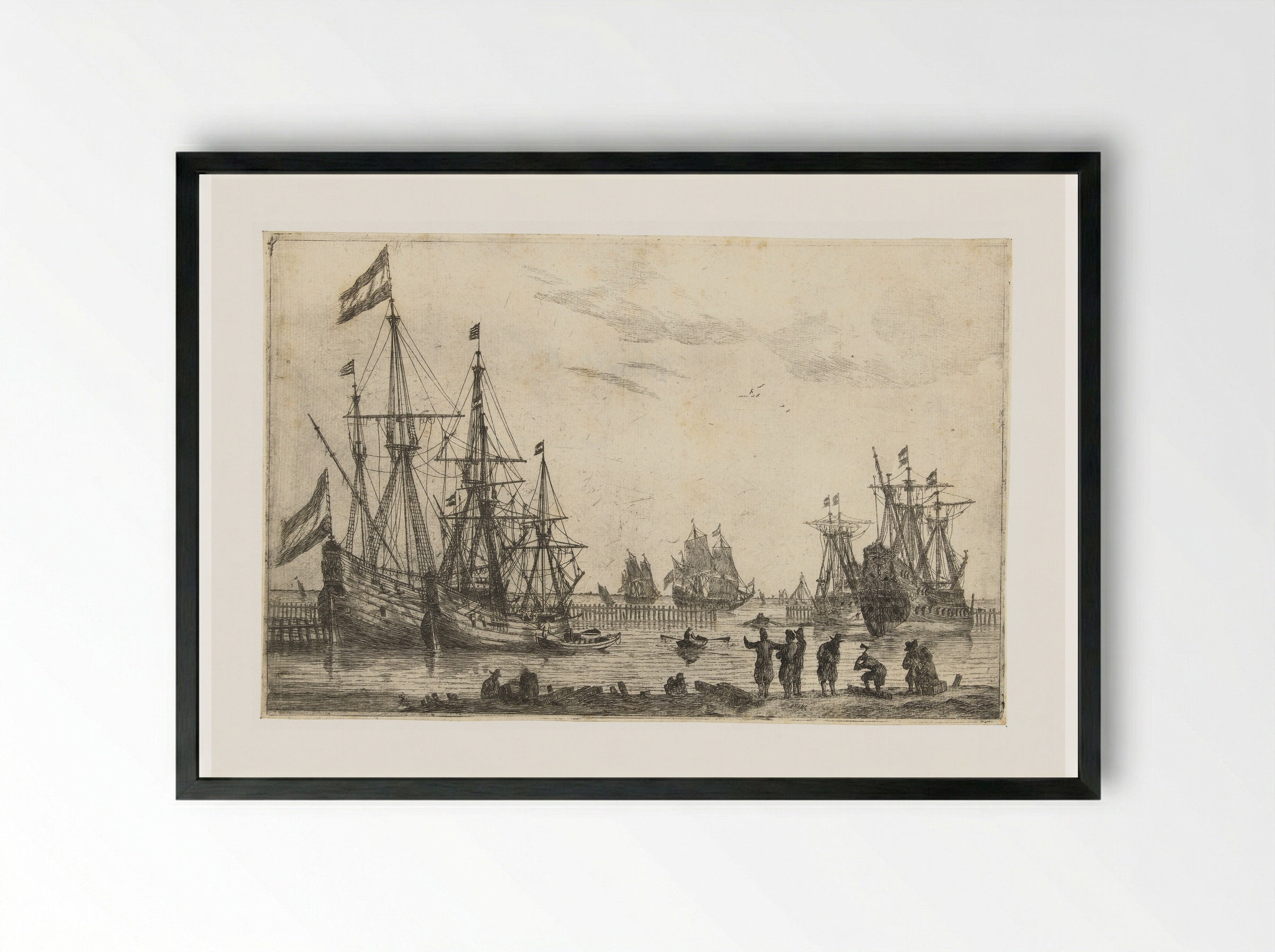Vier zeilschepen achter een golfbreker - Reinier Nooms - Framed Print Black