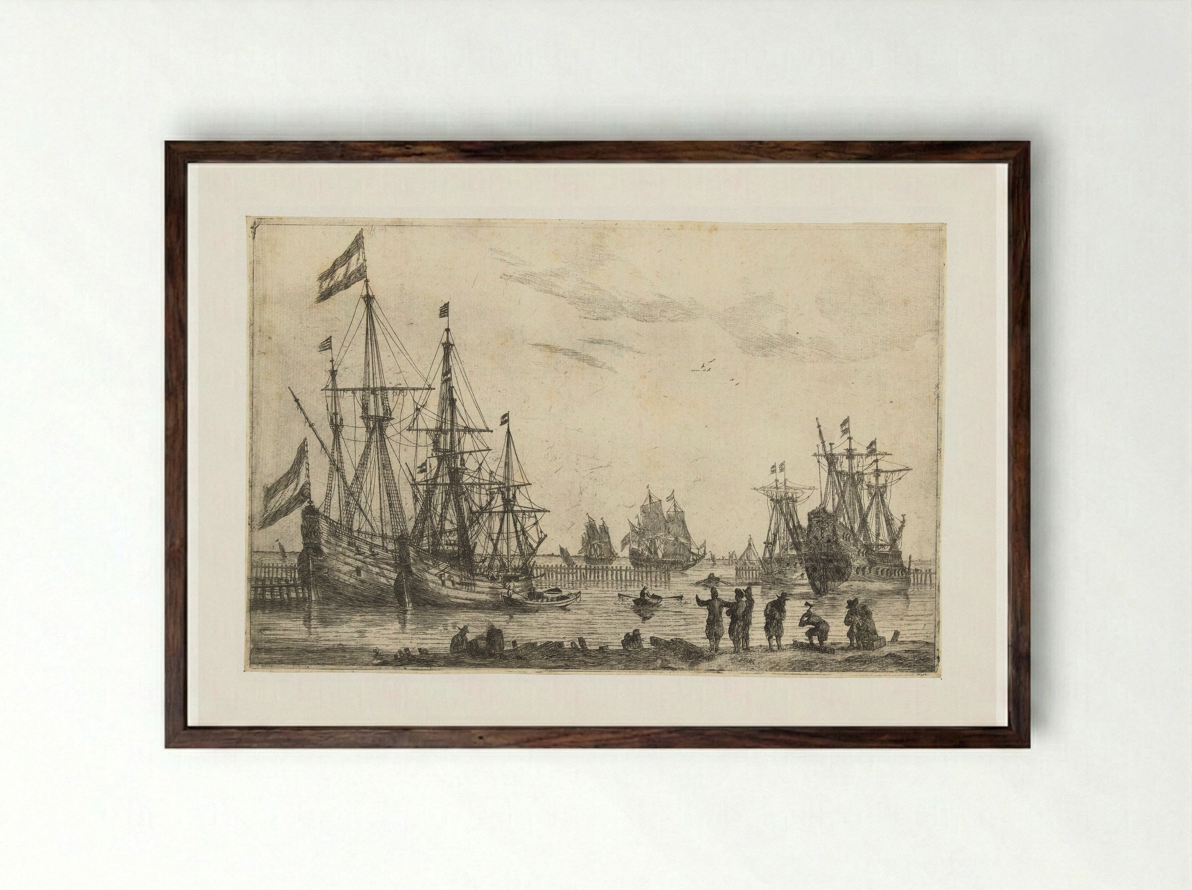 Vier zeilschepen achter een golfbreker - Reinier Nooms - Framed Print Dark Wood