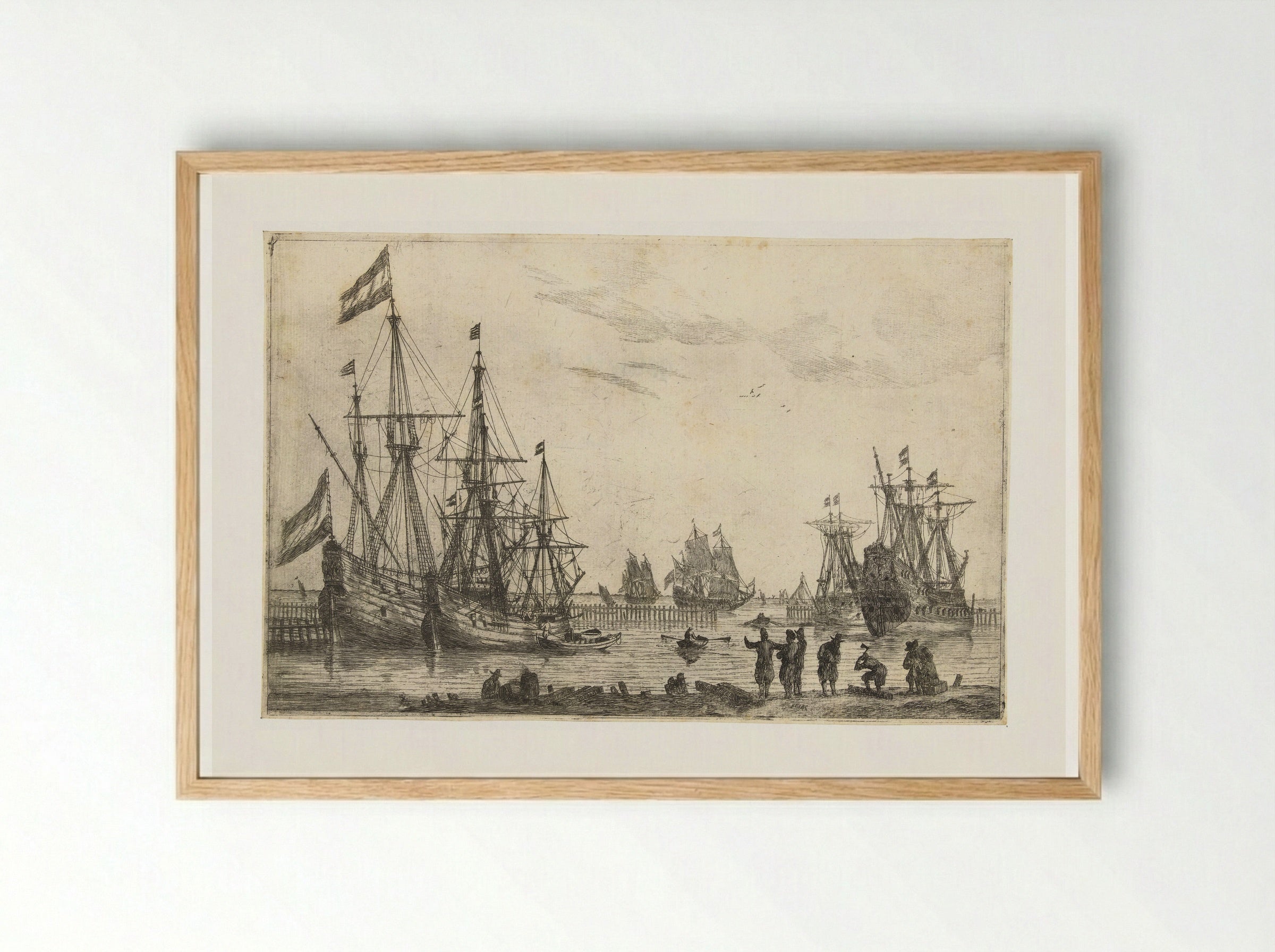 Vier zeilschepen achter een golfbreker - Reinier Nooms - Framed Print Wood
