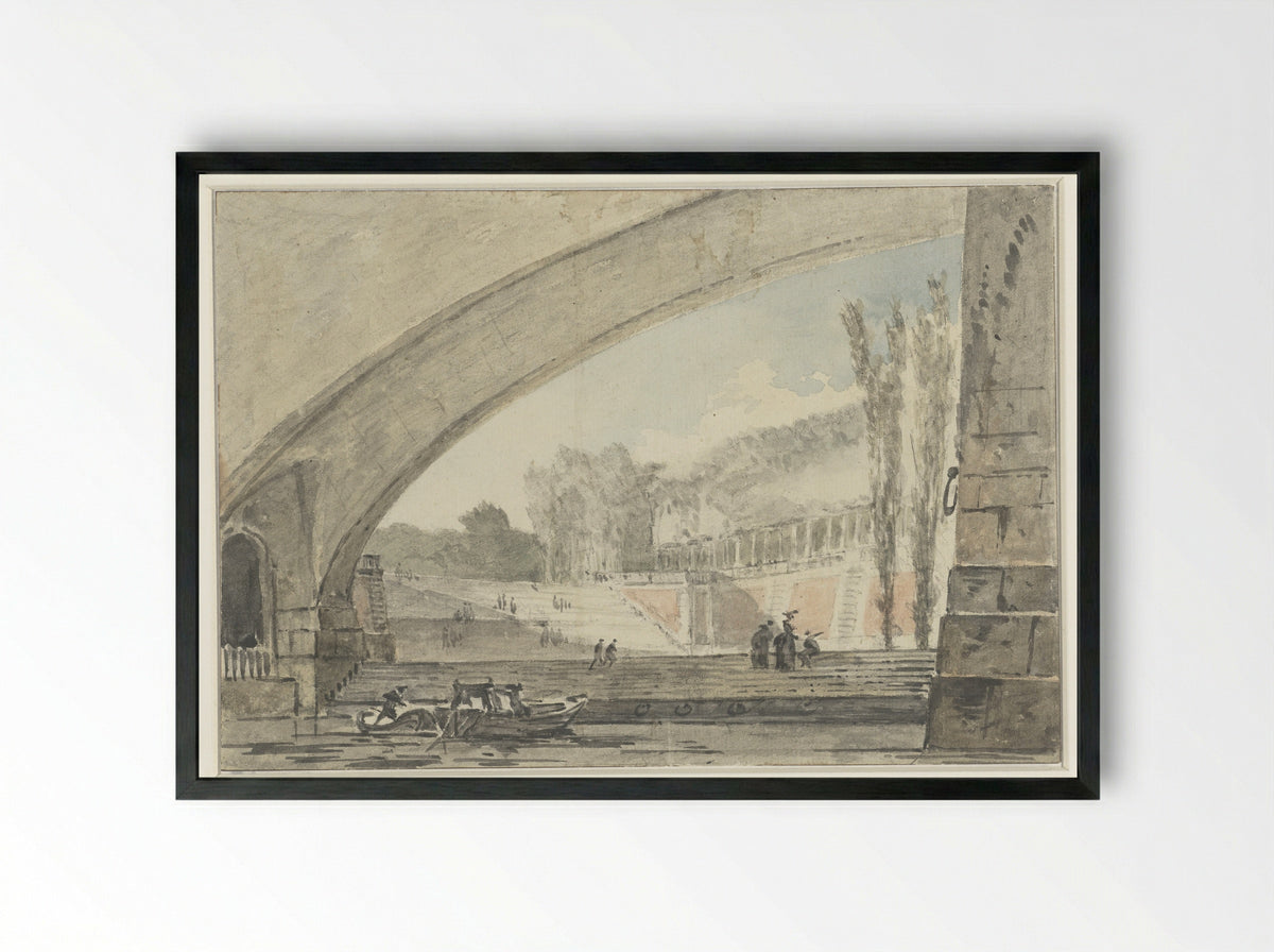 View Under a Bridge Towards Terraces and a Staircase - Louis Gabriel Moreau - Framed Print Black