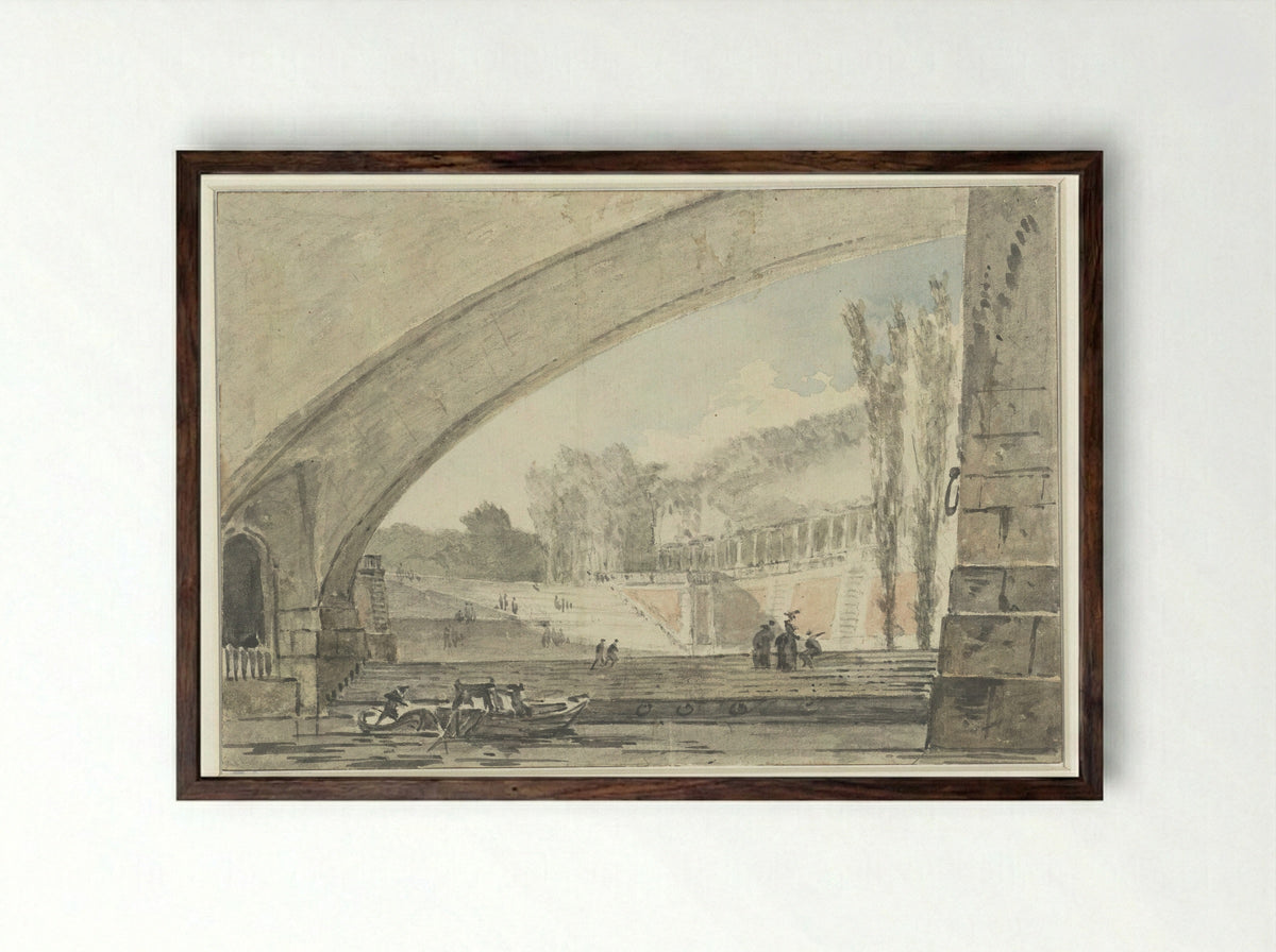 View Under a Bridge Towards Terraces and a Staircase - Louis Gabriel Moreau - Framed Print Dark Wood