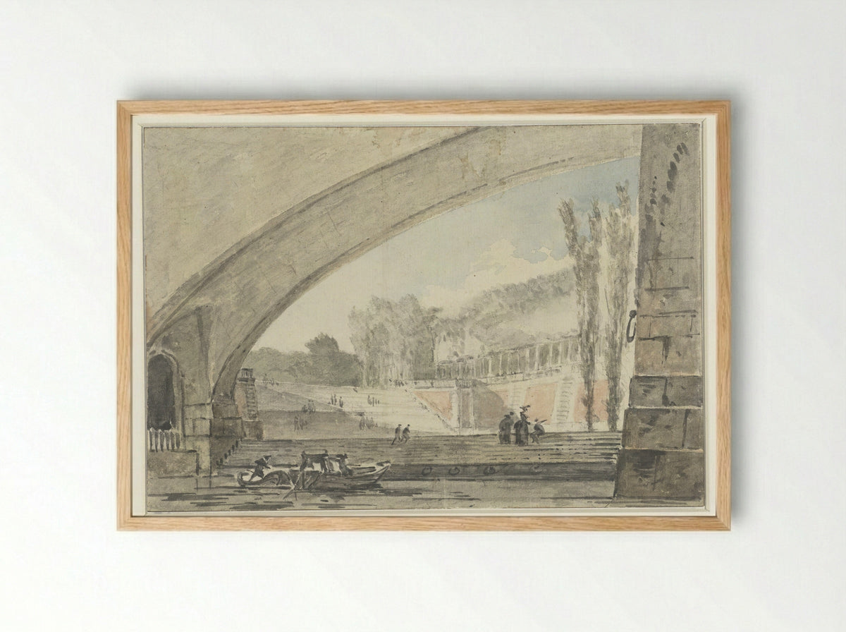 View Under a Bridge Towards Terraces and a Staircase - Louis Gabriel Moreau - Framed Print Wood