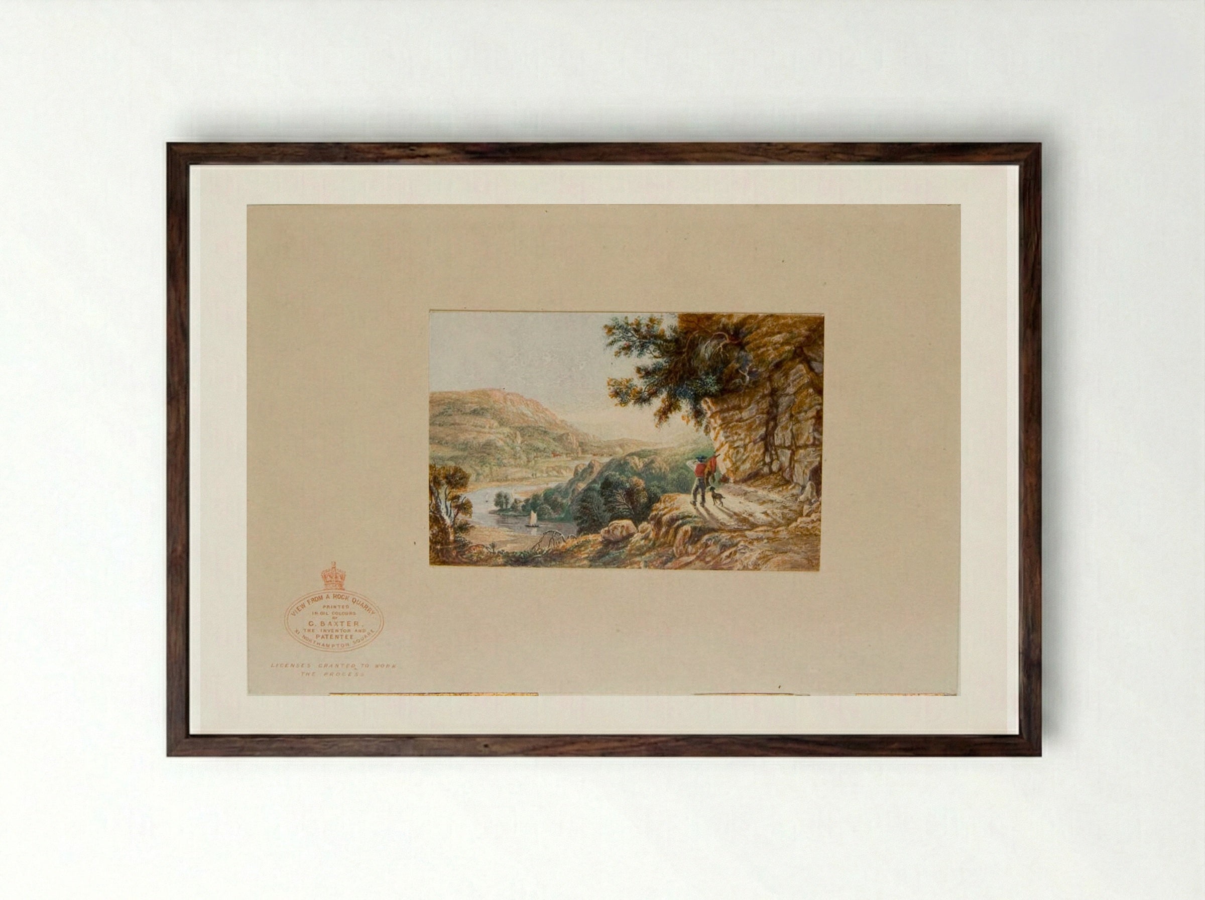 View from a Deserted Rock Quarry on the Wye - George Baxter - Framed Print Dark Wood