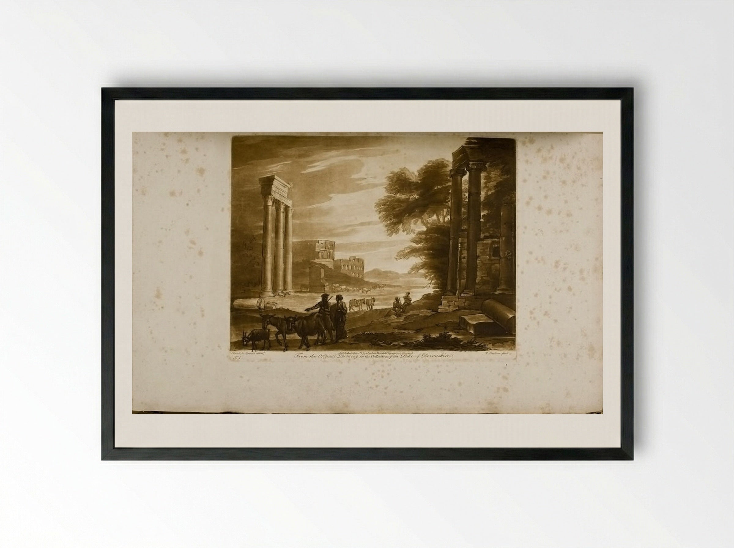 View in Rome, with Three Columns of Jupiter Stator and the Colosseum - Richard Earlom - Framed Print Black