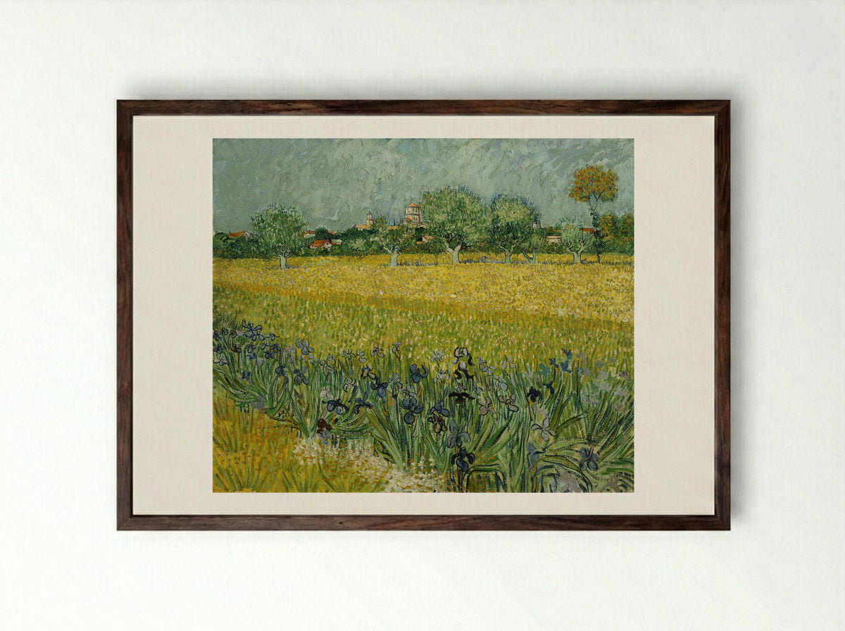 View of Arles with Irises in the Foreground - Vincent van Gogh - Framed Print Dark Wood