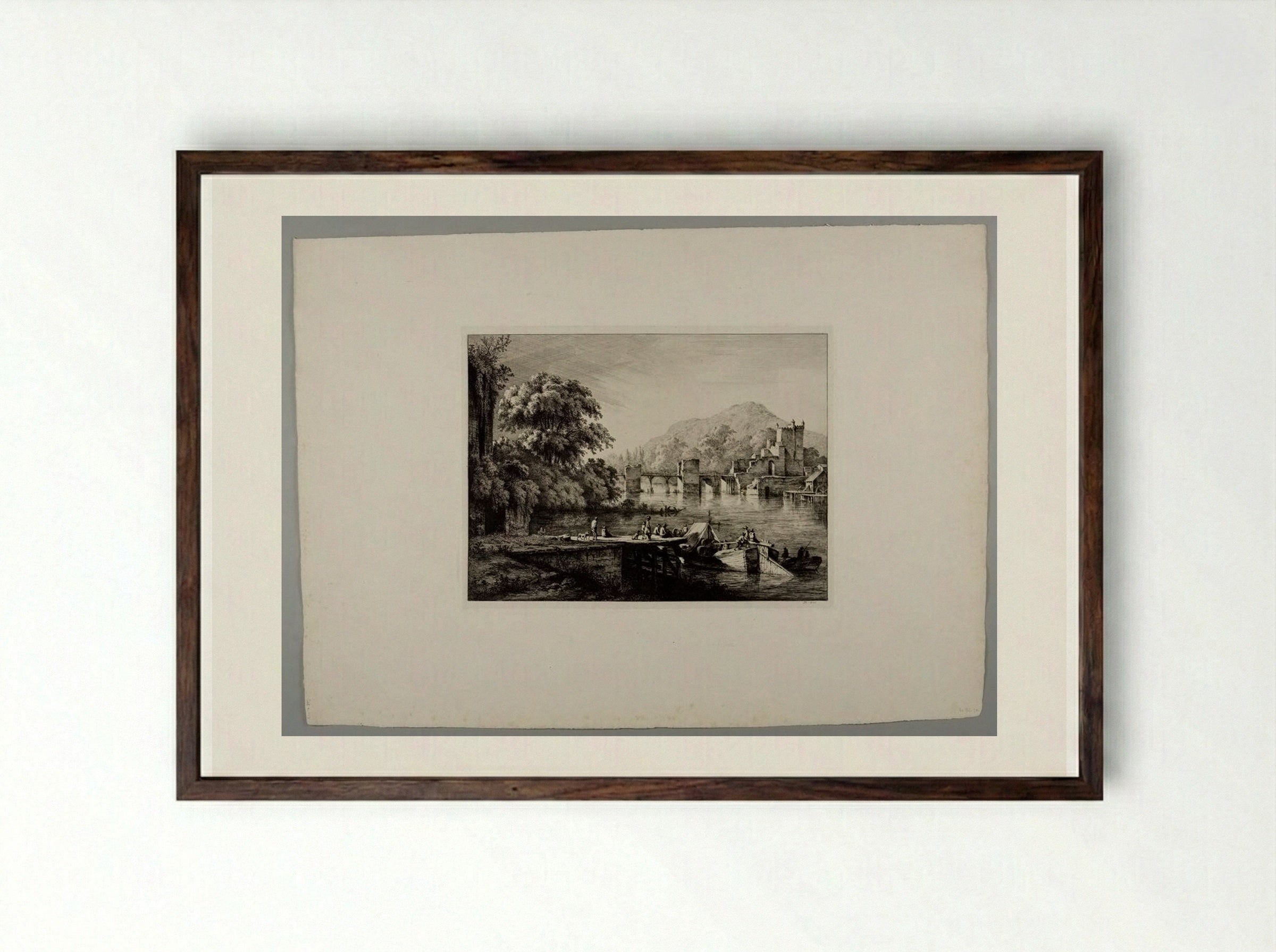 View of Bridge and Château of Sainte-Colombe - Jean-Jacques de Boissieu - Framed Print Dark Wood