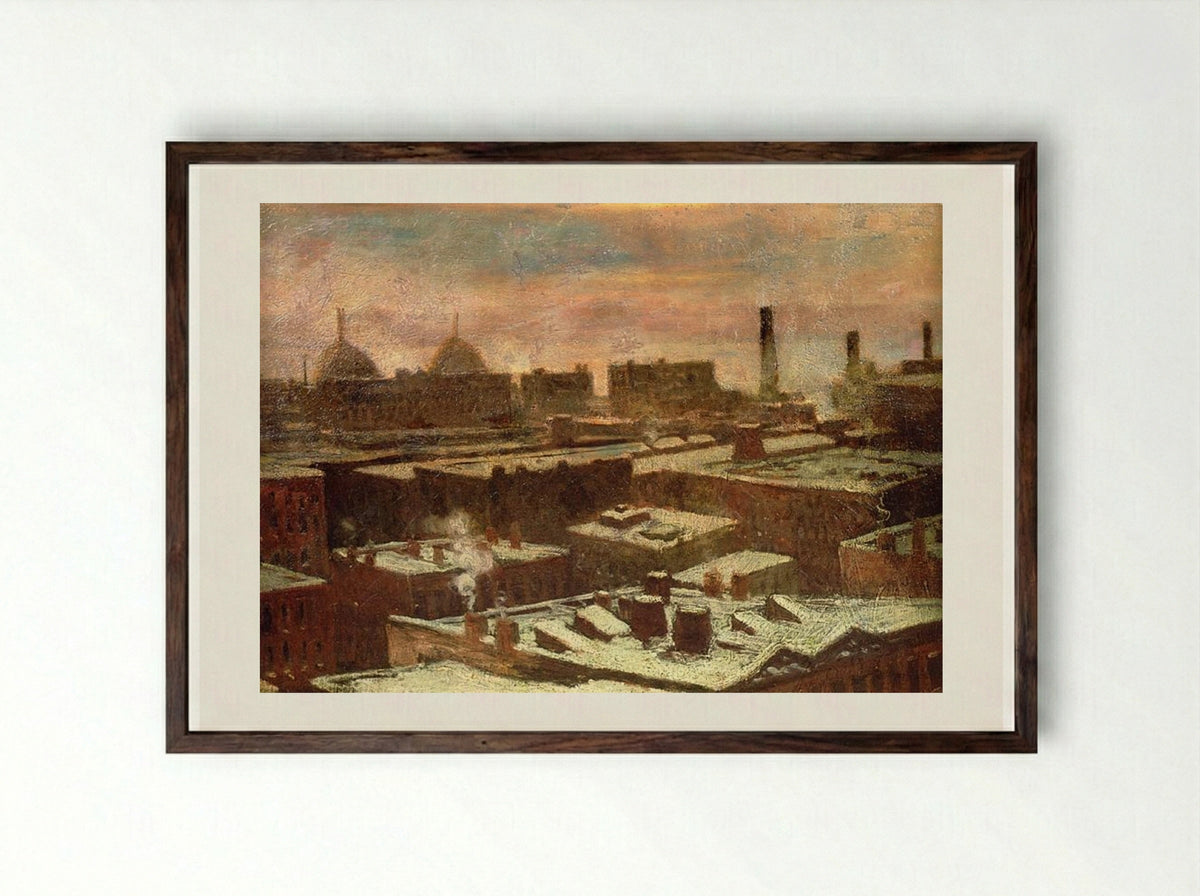 View of City Rooftops in Winter - Robert Julian Onderdonk - Framed Print Dark Wood