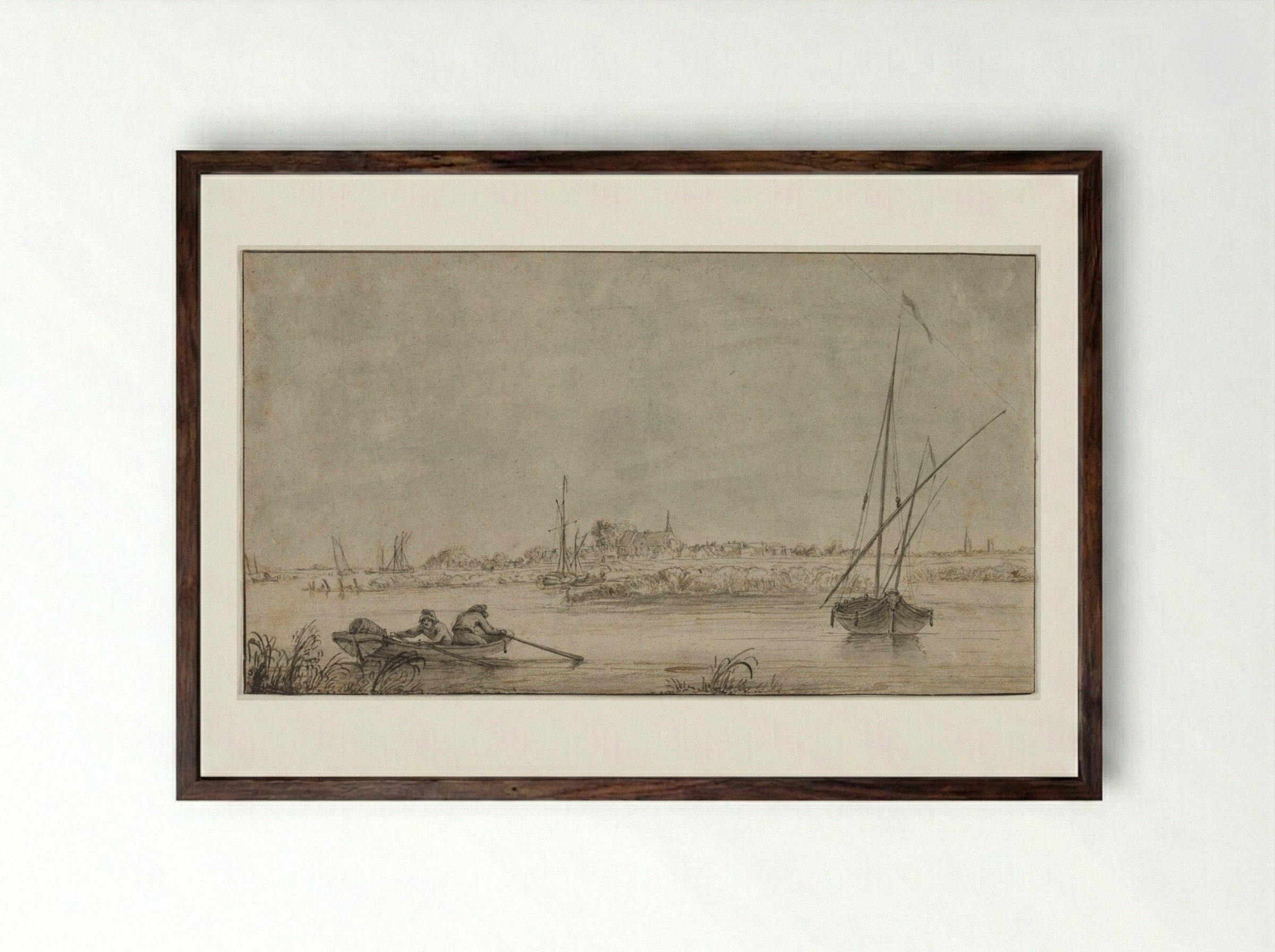 View of Dordrecht from the River - Jacob van Strij - Framed Print Dark Wood