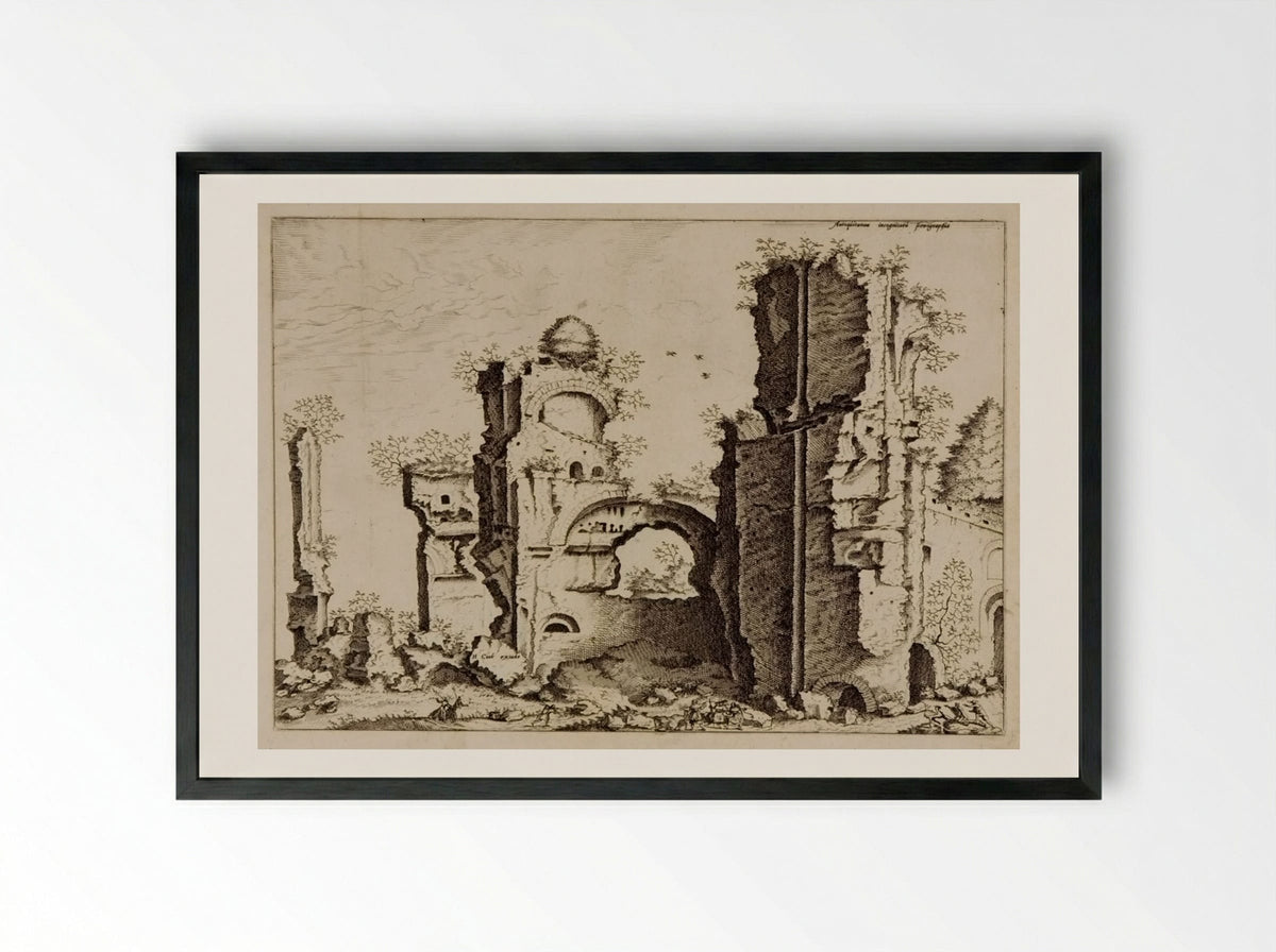 View of Massive Ruins, Possibly the Baths of Caracalla - Hieronymus Cock - Framed Print Black