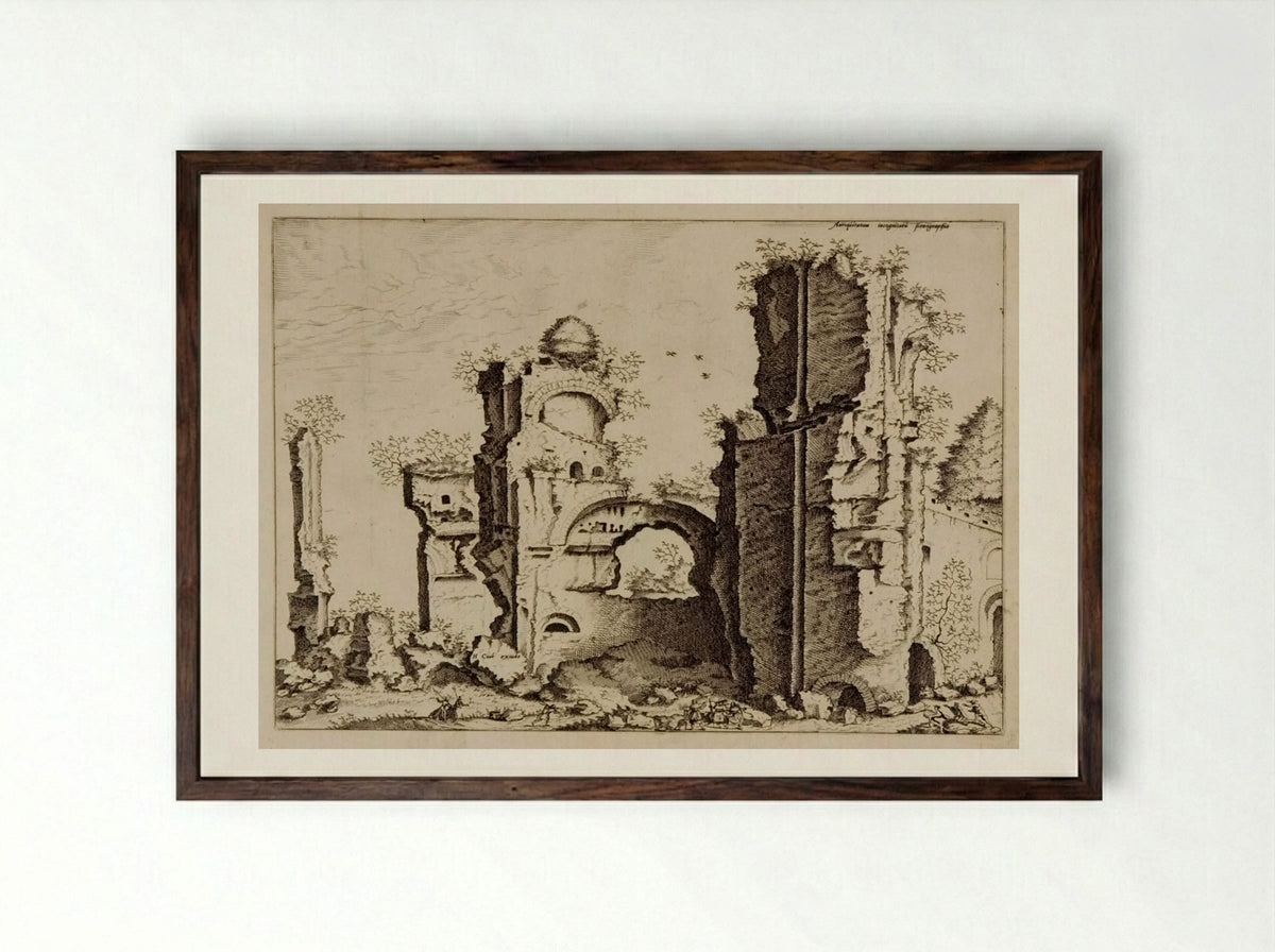 View of Massive Ruins, Possibly the Baths of Caracalla - Hieronymus Cock - Framed Print Dark Wood