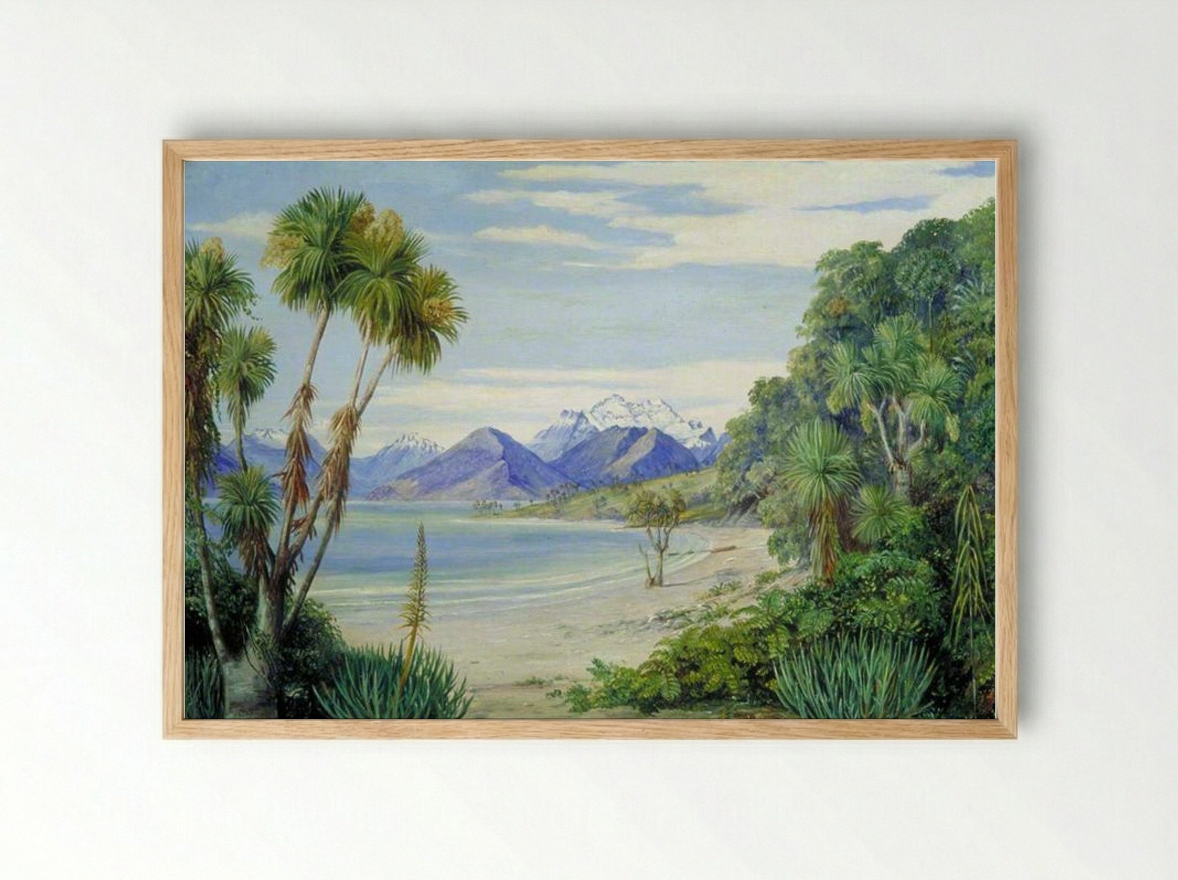 View of Mount Earnshaw from the Island in Lake Wakatipu, New Zealand - Marianne North - Framed Print Wood