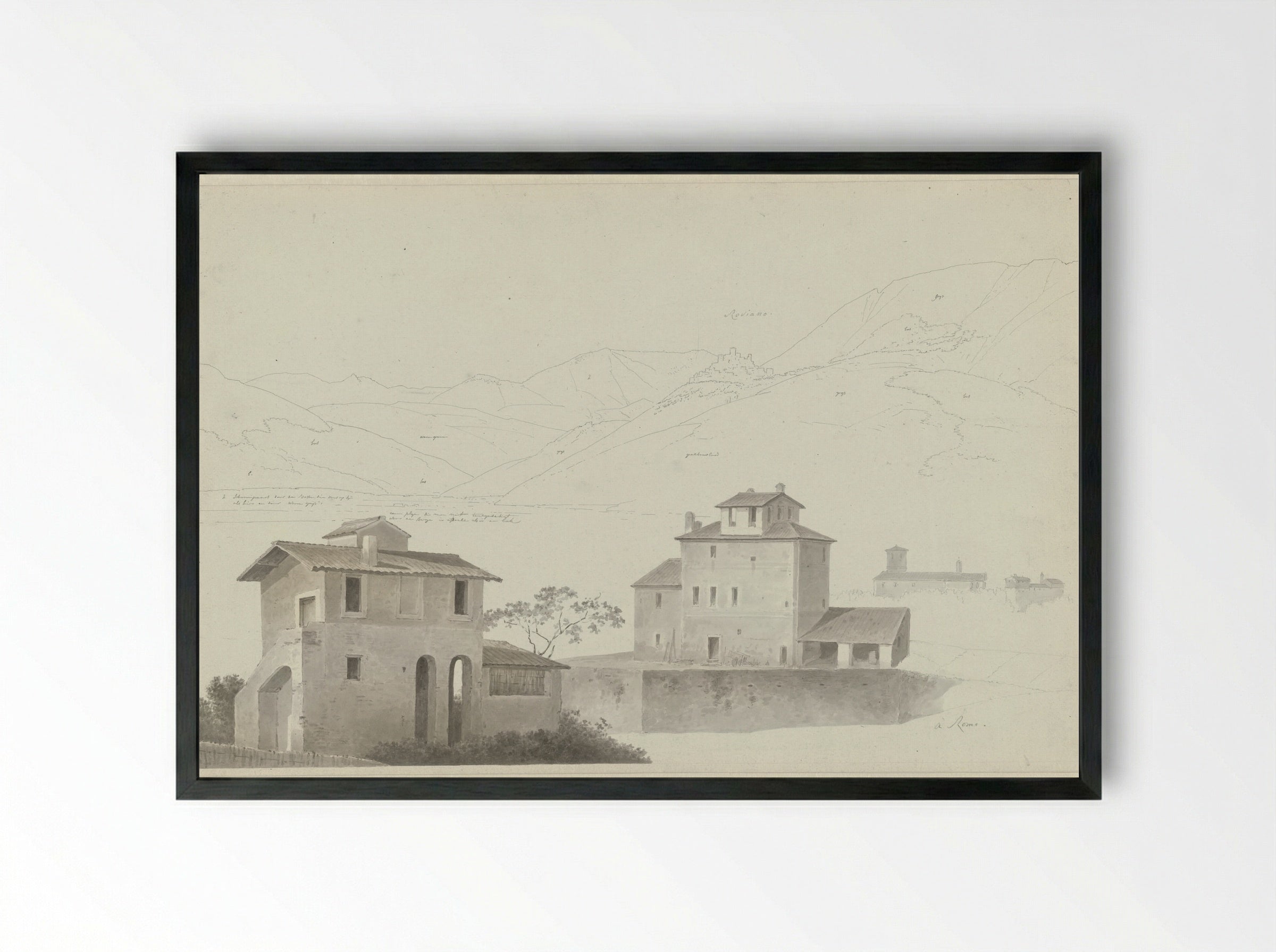 View of Roviano, Houses in Rome in the Foreground - Josephus Augustus Knip - Framed Print Black