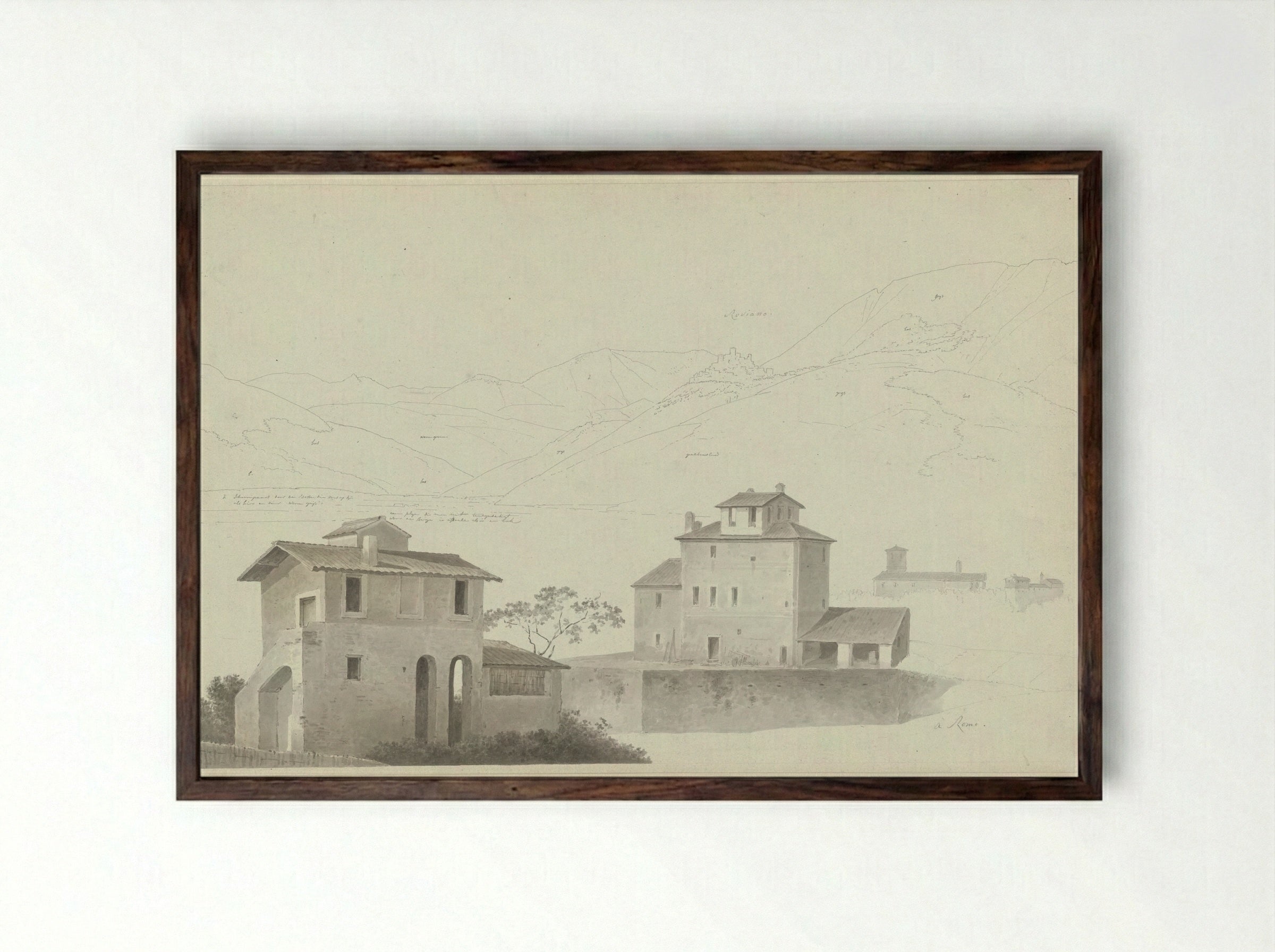 View of Roviano, Houses in Rome in the Foreground - Josephus Augustus Knip - Framed Print Dark Wood