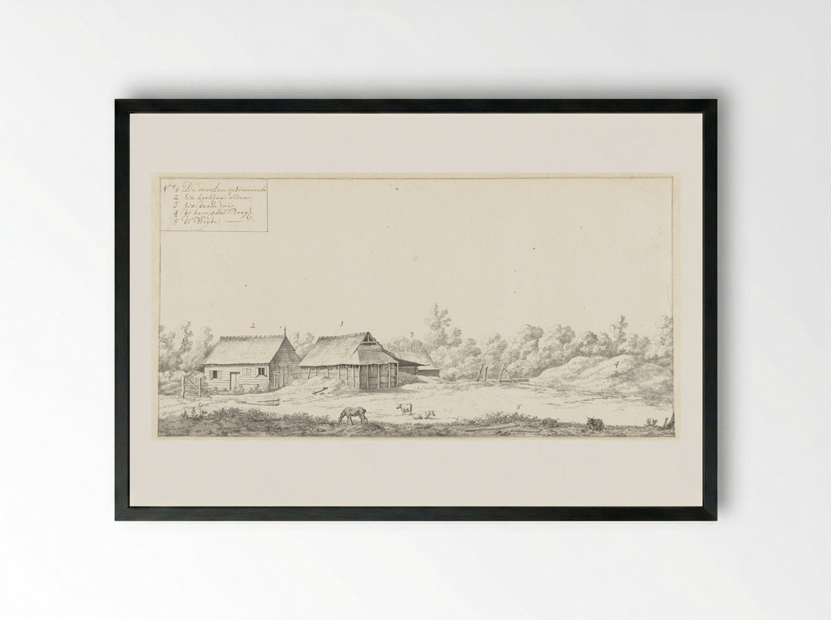 View of Three Houses on the Surimombo Plantation - Dirk Valkenburg - Framed Print Black