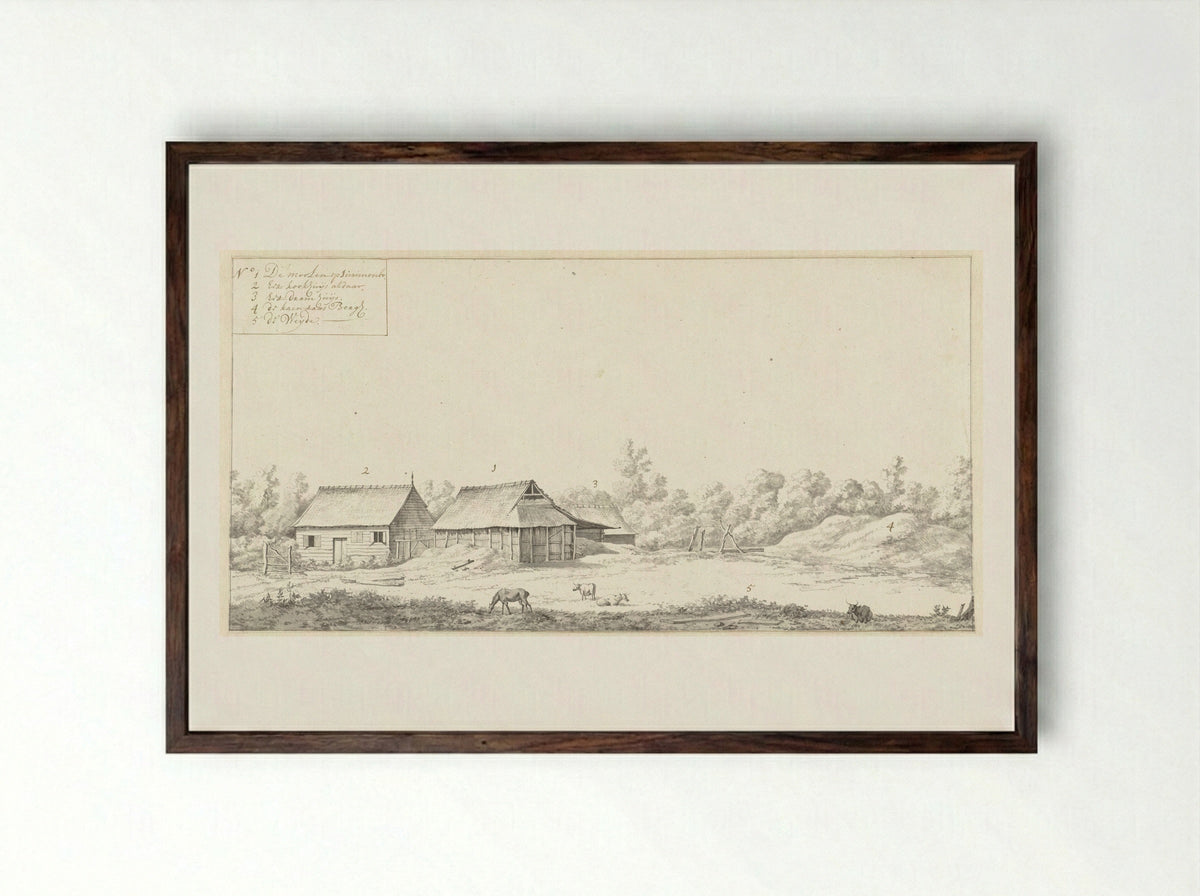 View of Three Houses on the Surimombo Plantation - Dirk Valkenburg - Framed Print Dark Wood