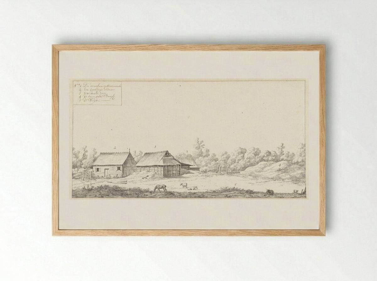 View of Three Houses on the Surimombo Plantation - Dirk Valkenburg - Framed Print Wood