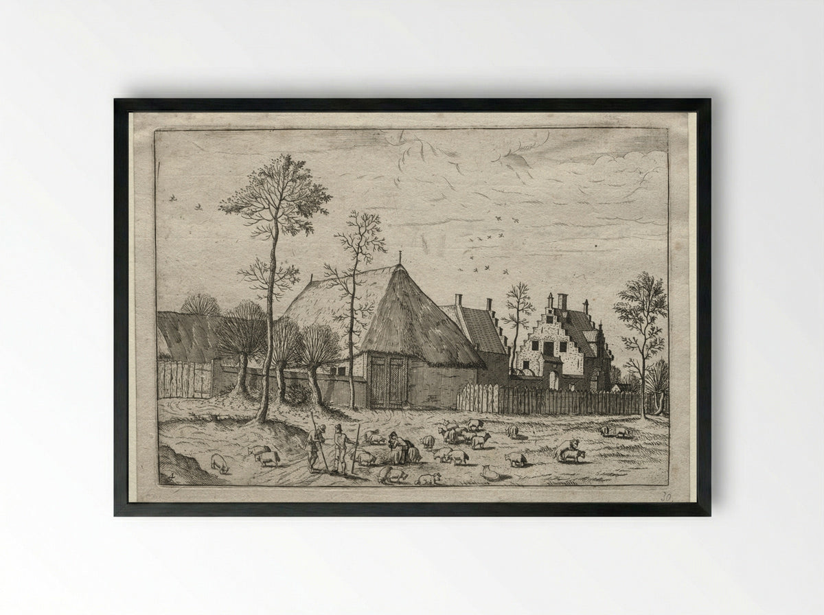 View of Villages in Brabant and Campine: Shepherds with Flock - Master of the Small Landscapes - Framed Print Black