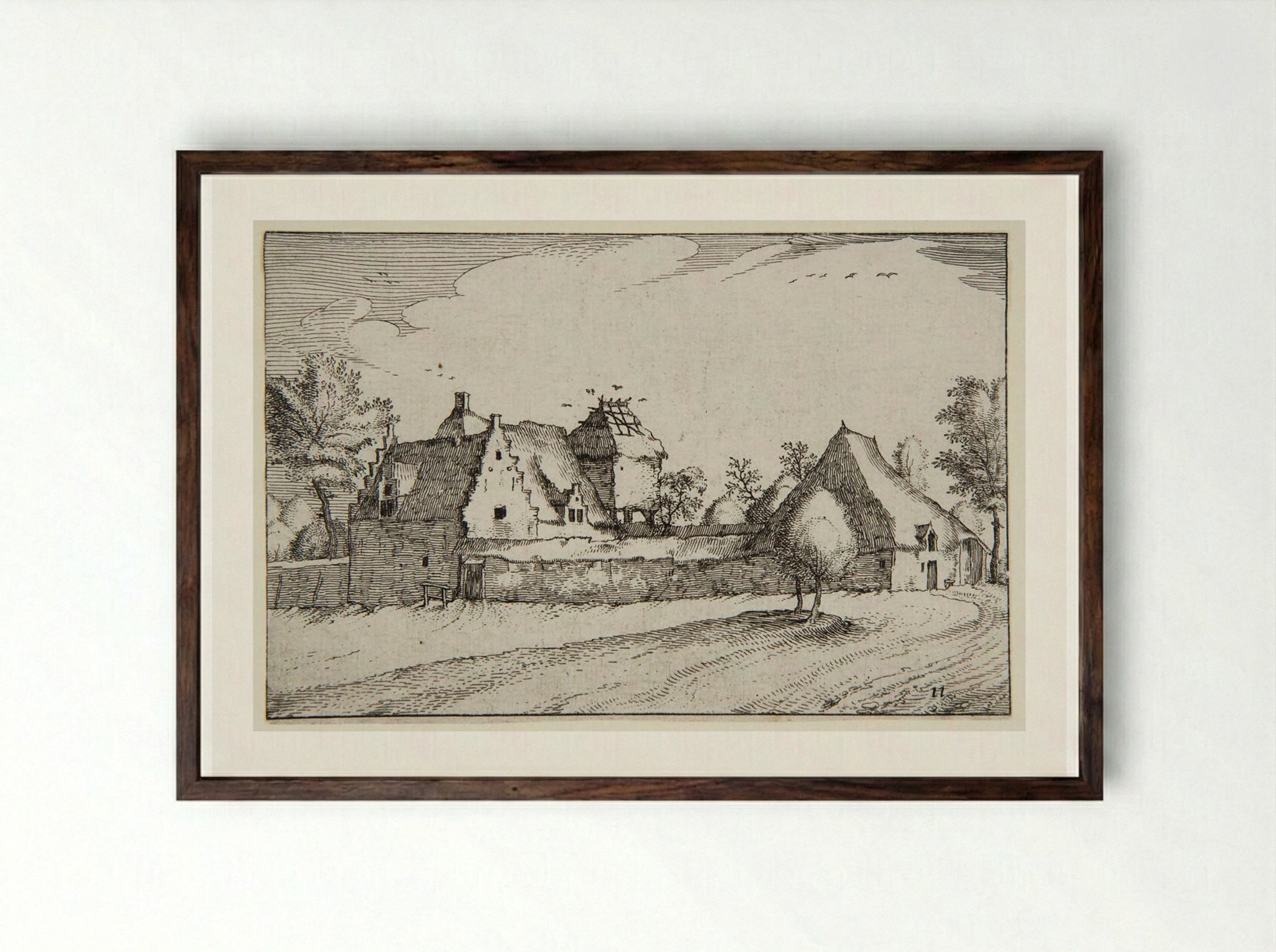 View of a Farmstead with a Large Dovecote - Claes Jansz. Visscher - Framed Print Dark Wood