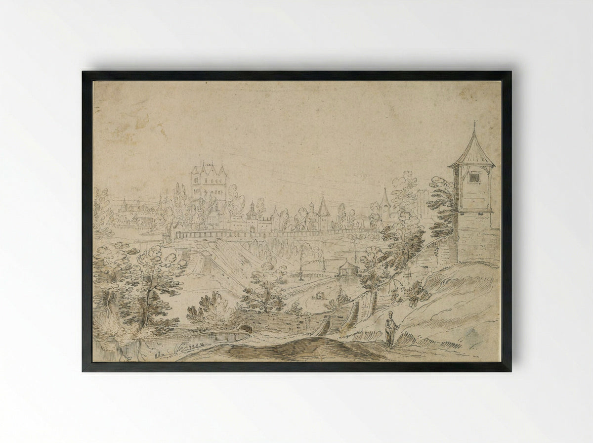 View of a Moated City in a Hilly Landscape - Frederik van Valckenborch - Framed Print Black