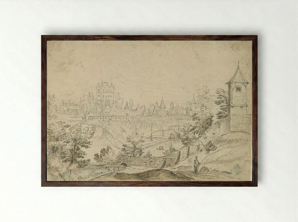 View of a Moated City in a Hilly Landscape - Frederik van Valckenborch - Framed Print Dark Wood