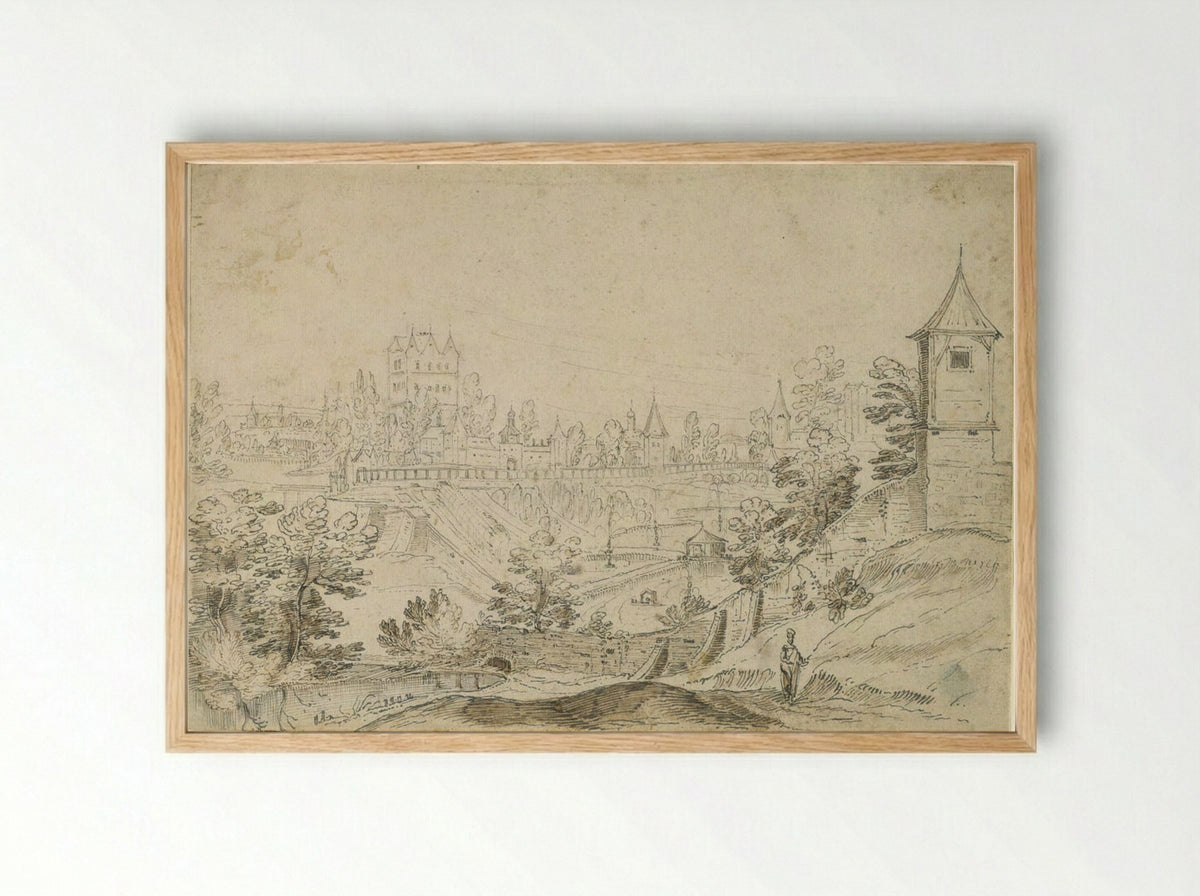 View of a Moated City in a Hilly Landscape - Frederik van Valckenborch - Framed Print Wood