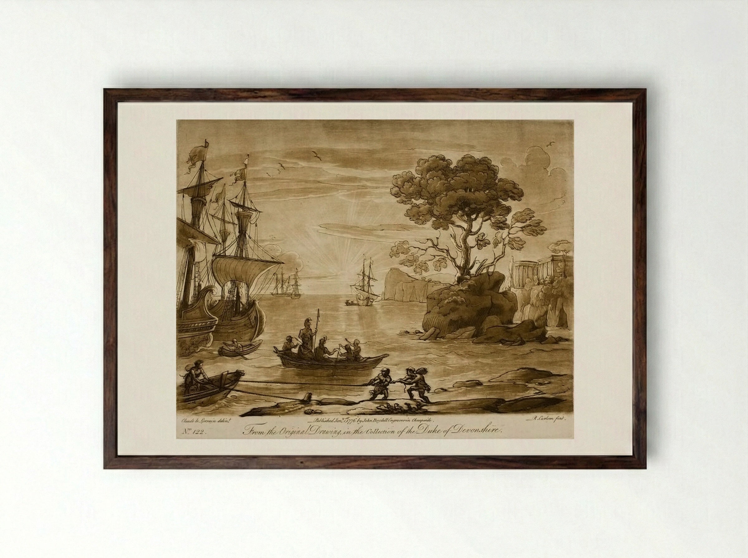 View of a Seaport at Sunrise, with the Landing of Eneas in Italy - Richard Earlom - Framed Print Dark Wood
