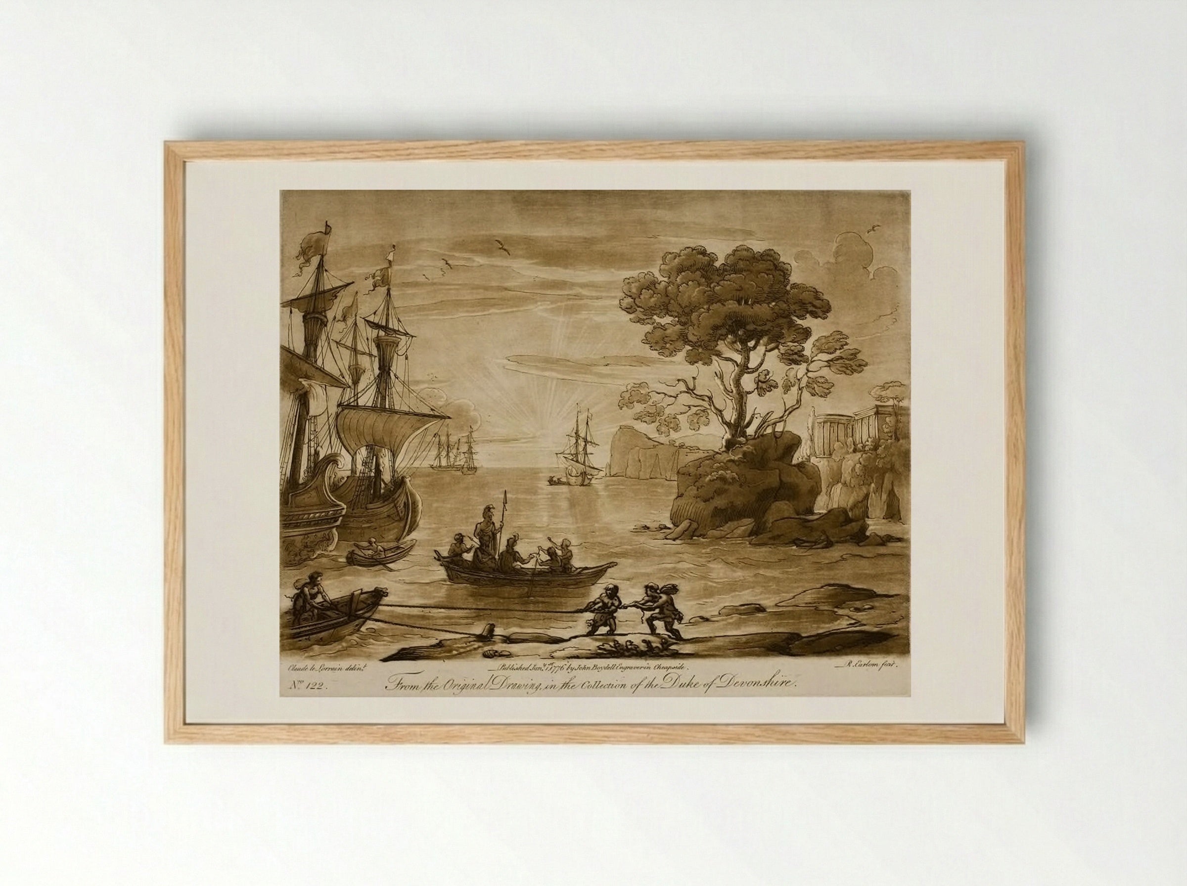 View of a Seaport at Sunrise, with the Landing of Eneas in Italy - Richard Earlom - Framed Print Wood