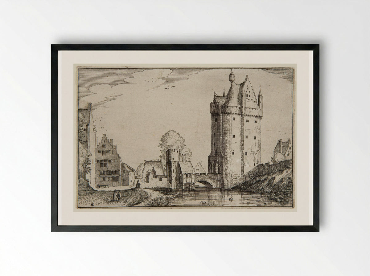 View of a Town with a Large Castle - Claes Jansz. Visscher - Framed Print Black