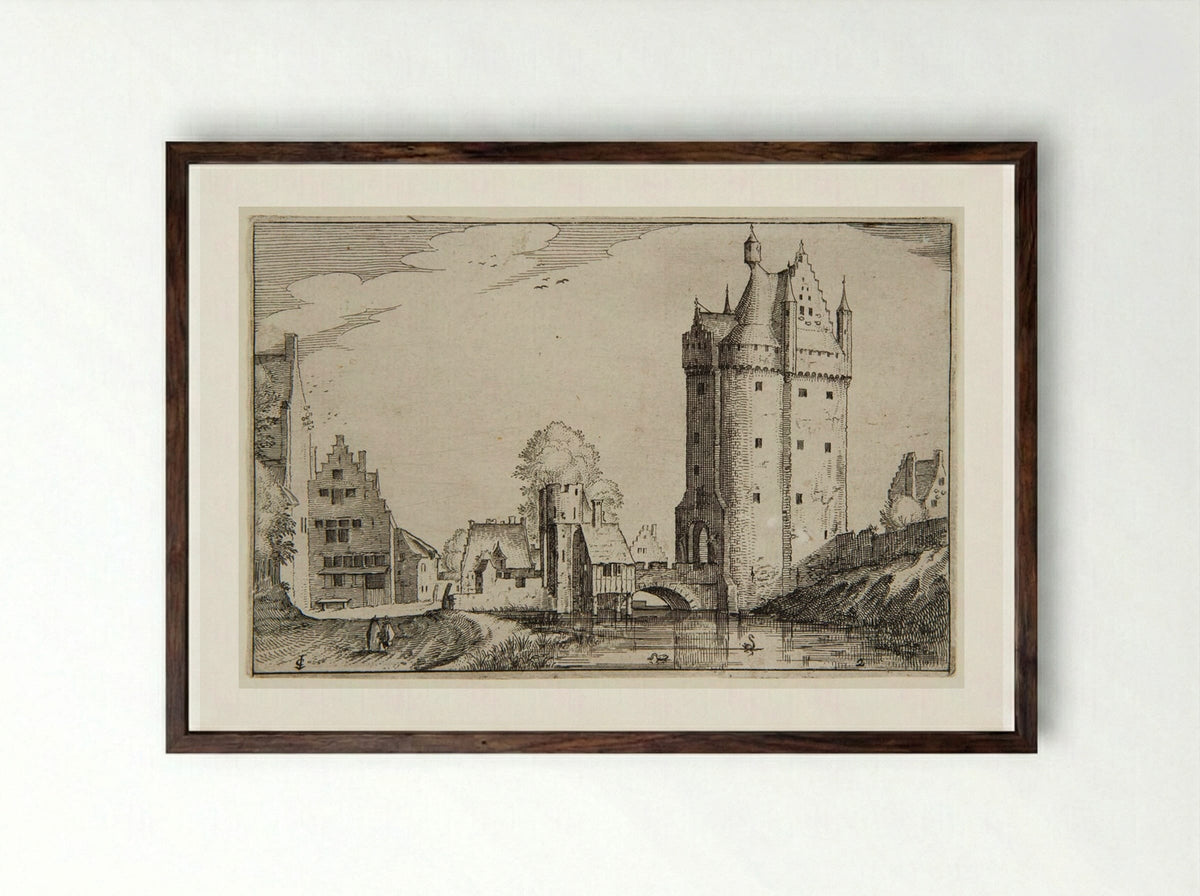 View of a Town with a Large Castle - Claes Jansz. Visscher - Framed Print Dark Wood