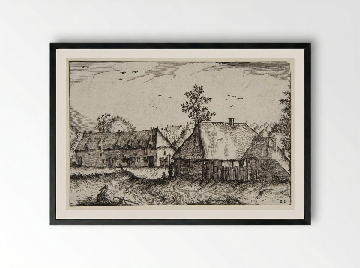 View of a Town with a Woman in the Foreground - Claes Jansz. Visscher - Framed Print Black