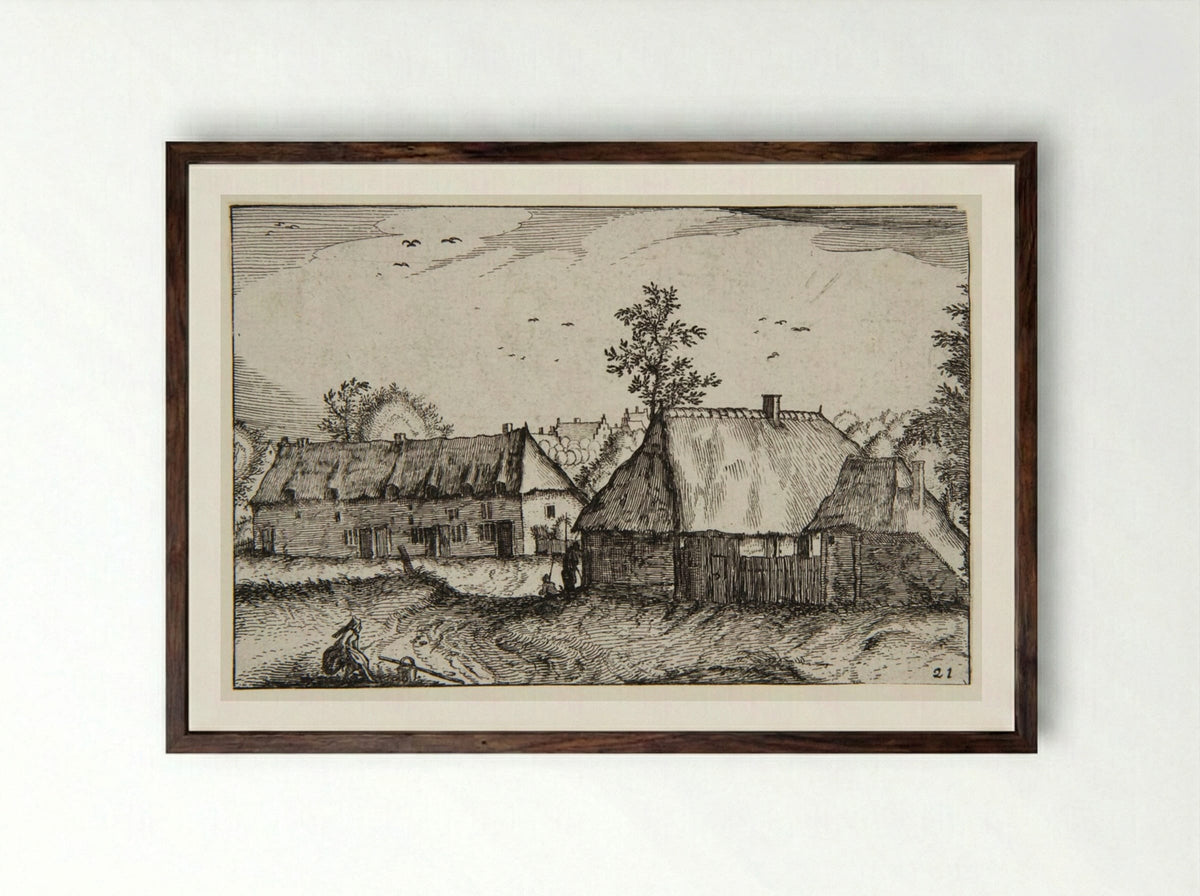 View of a Town with a Woman in the Foreground - Claes Jansz. Visscher - Framed Print Dark Wood
