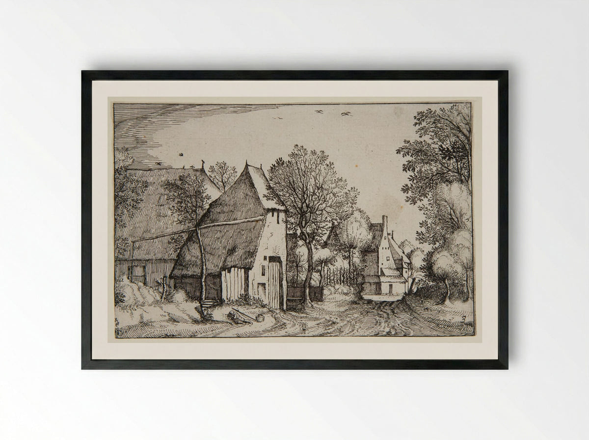 View of a Village with a Traveler Sleeping - Claes Jansz. Visscher - Framed Print Black