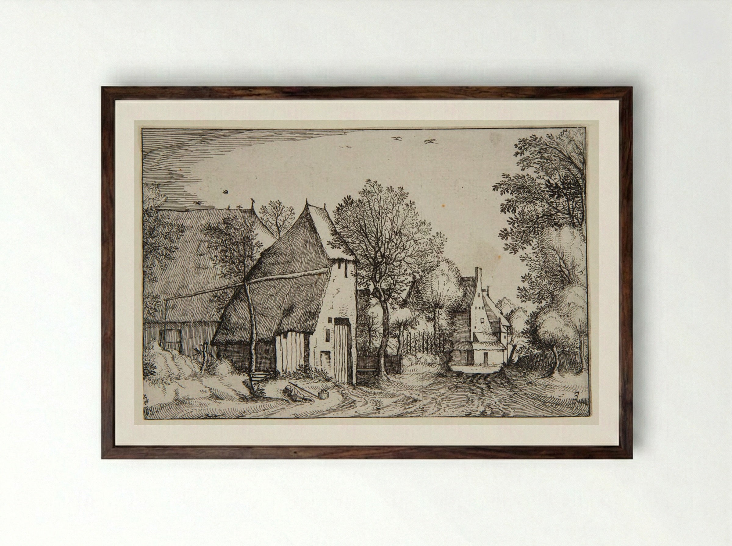 View of a Village with a Traveler Sleeping - Claes Jansz. Visscher - Framed Print Dark Wood